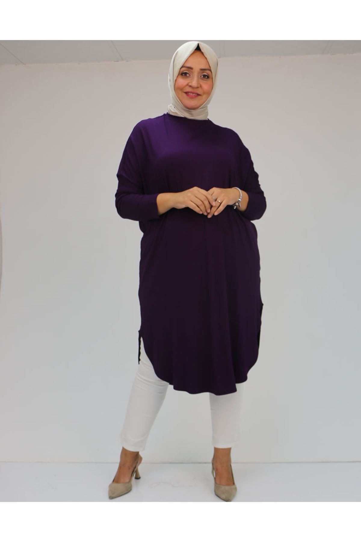 38110  Büyük Beden Düşük Kol Penye Tunik - Mürdüm