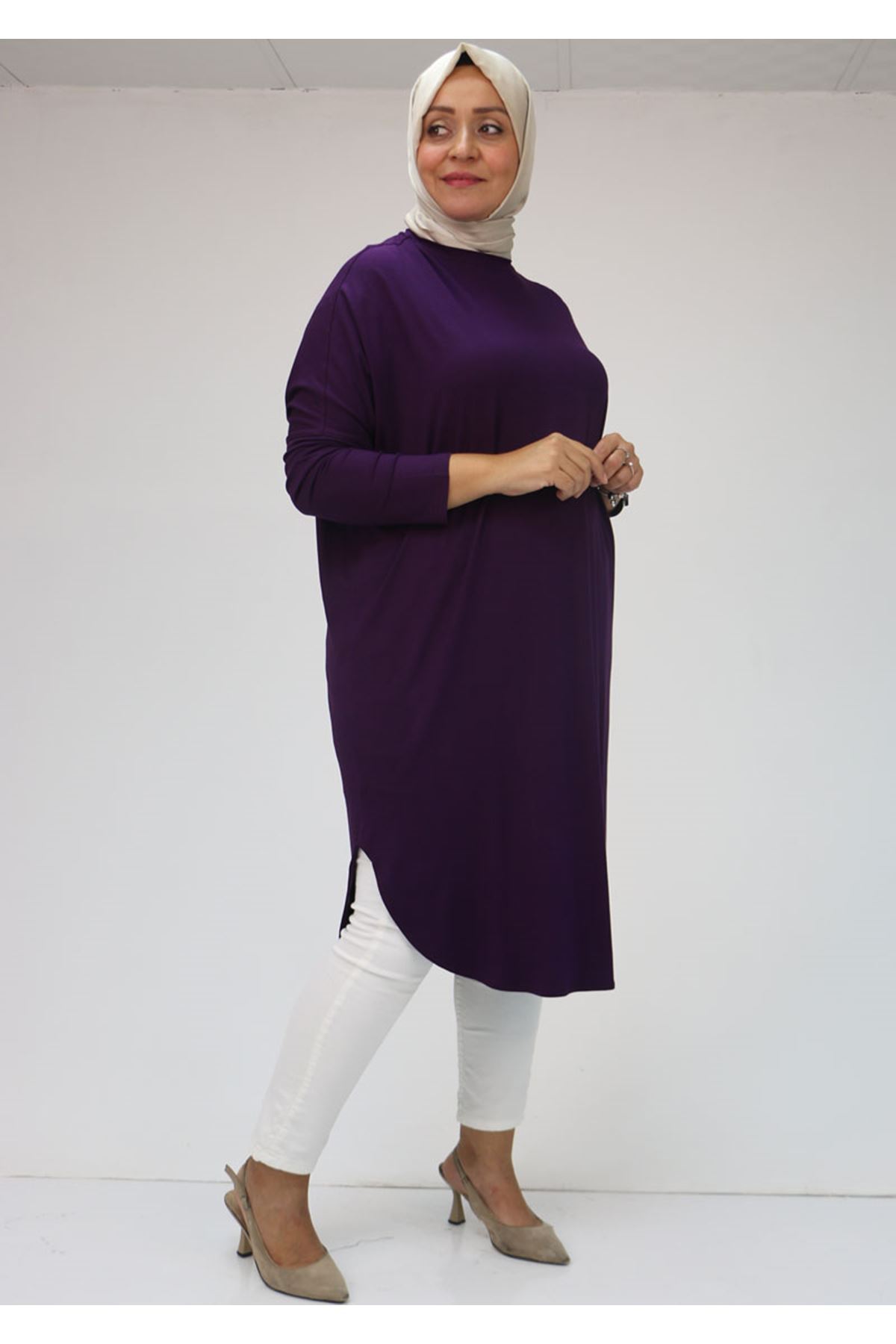 38110  Büyük Beden Düşük Kol Penye Tunik - Mürdüm