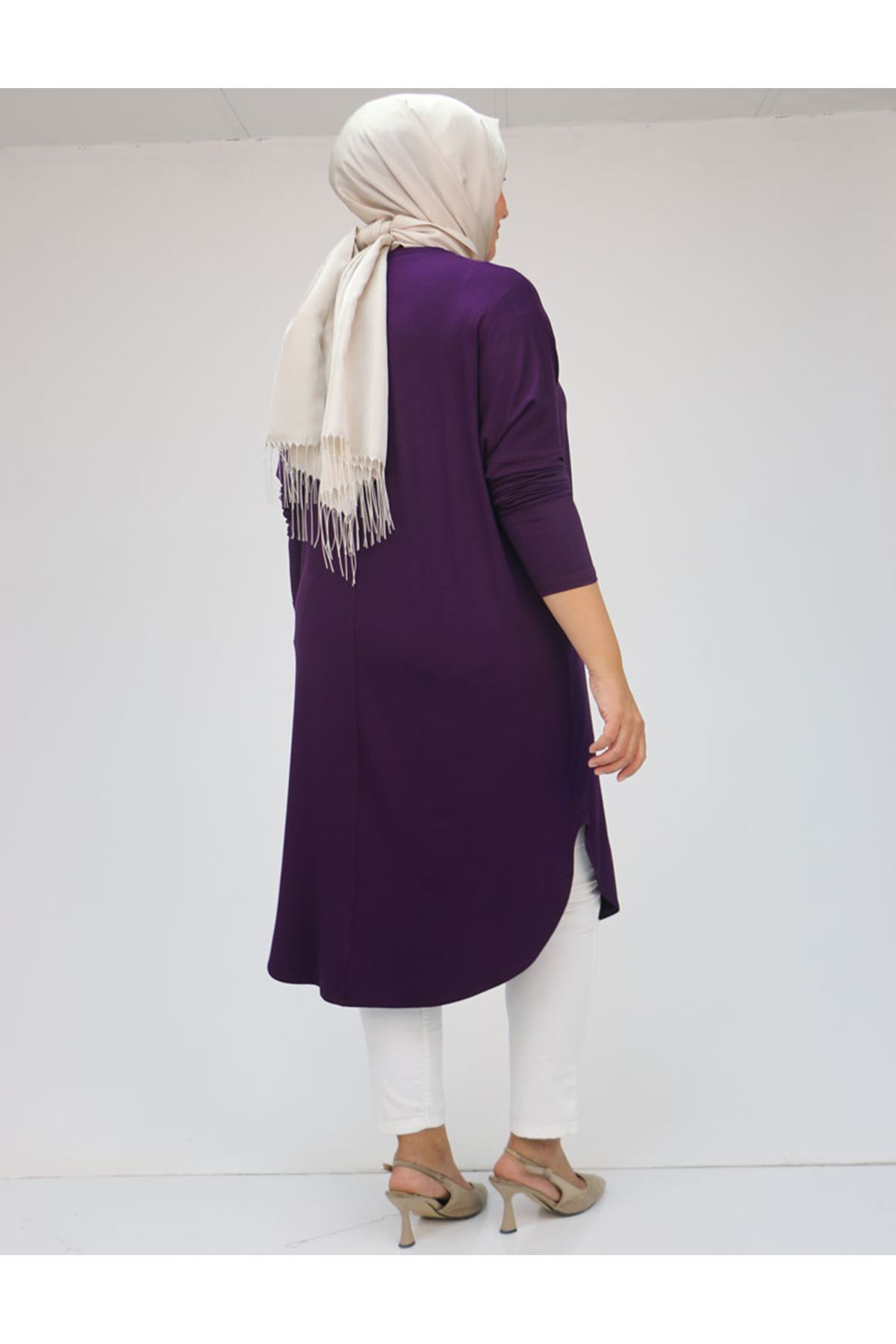 38110  Büyük Beden Düşük Kol Penye Tunik - Mürdüm