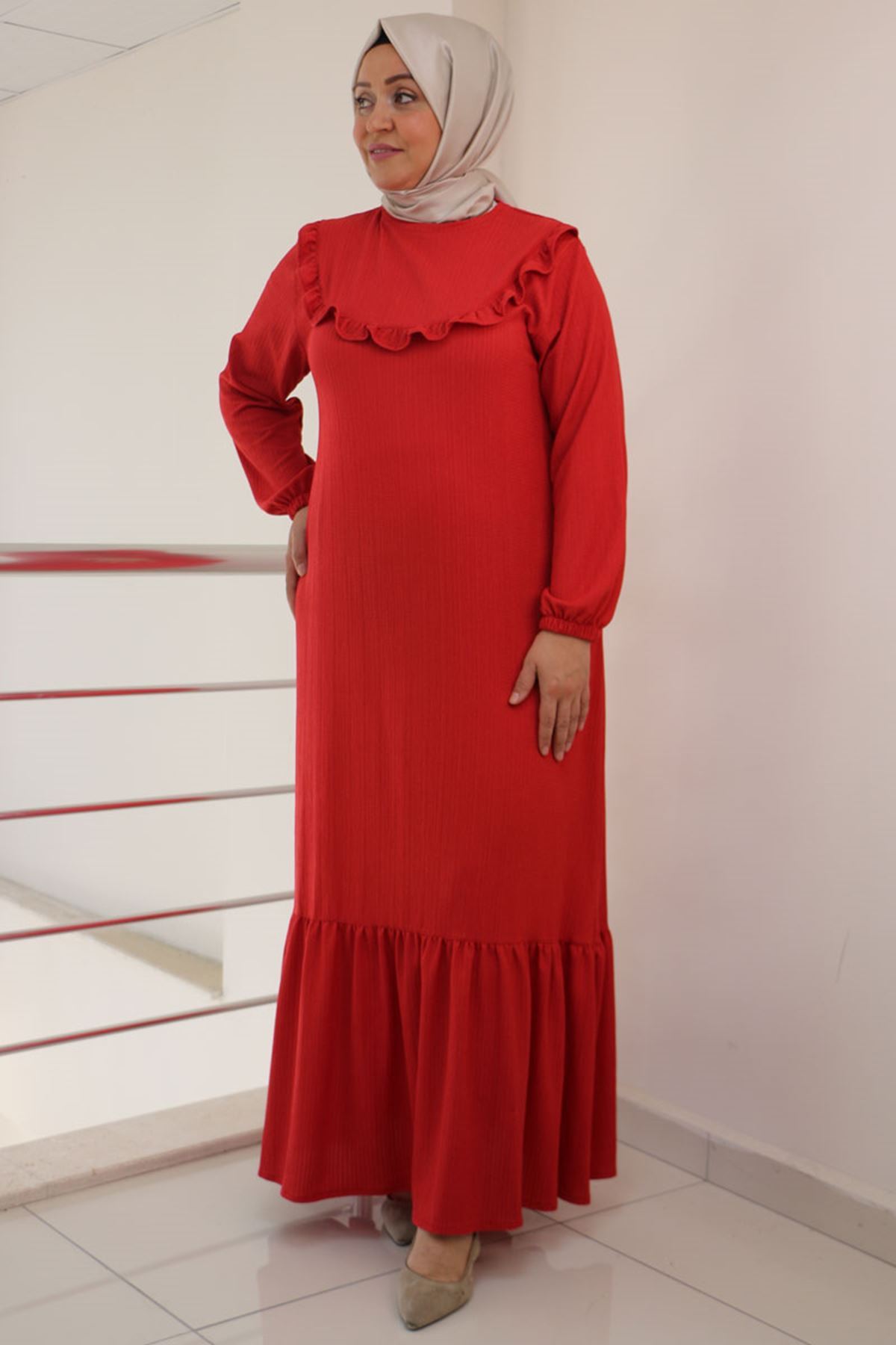 42012 Büyük Beden Fırfırlı Bürümcük Elbise - Nar Çiçeği