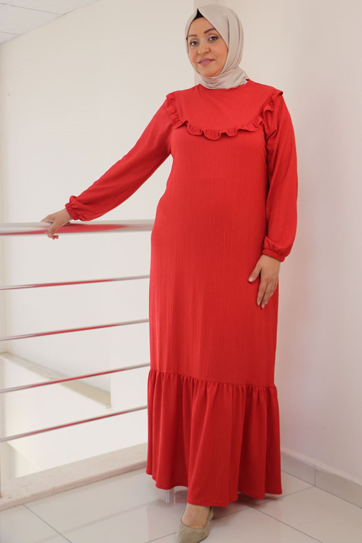 42012 Büyük Beden Fırfırlı Bürümcük Elbise - Nar Çiçeği