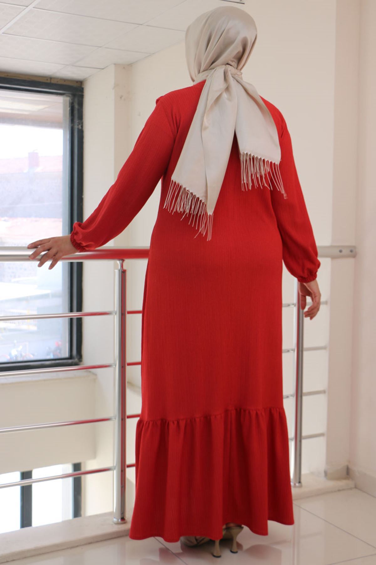 42012 Büyük Beden Fırfırlı Bürümcük Elbise - Nar Çiçeği