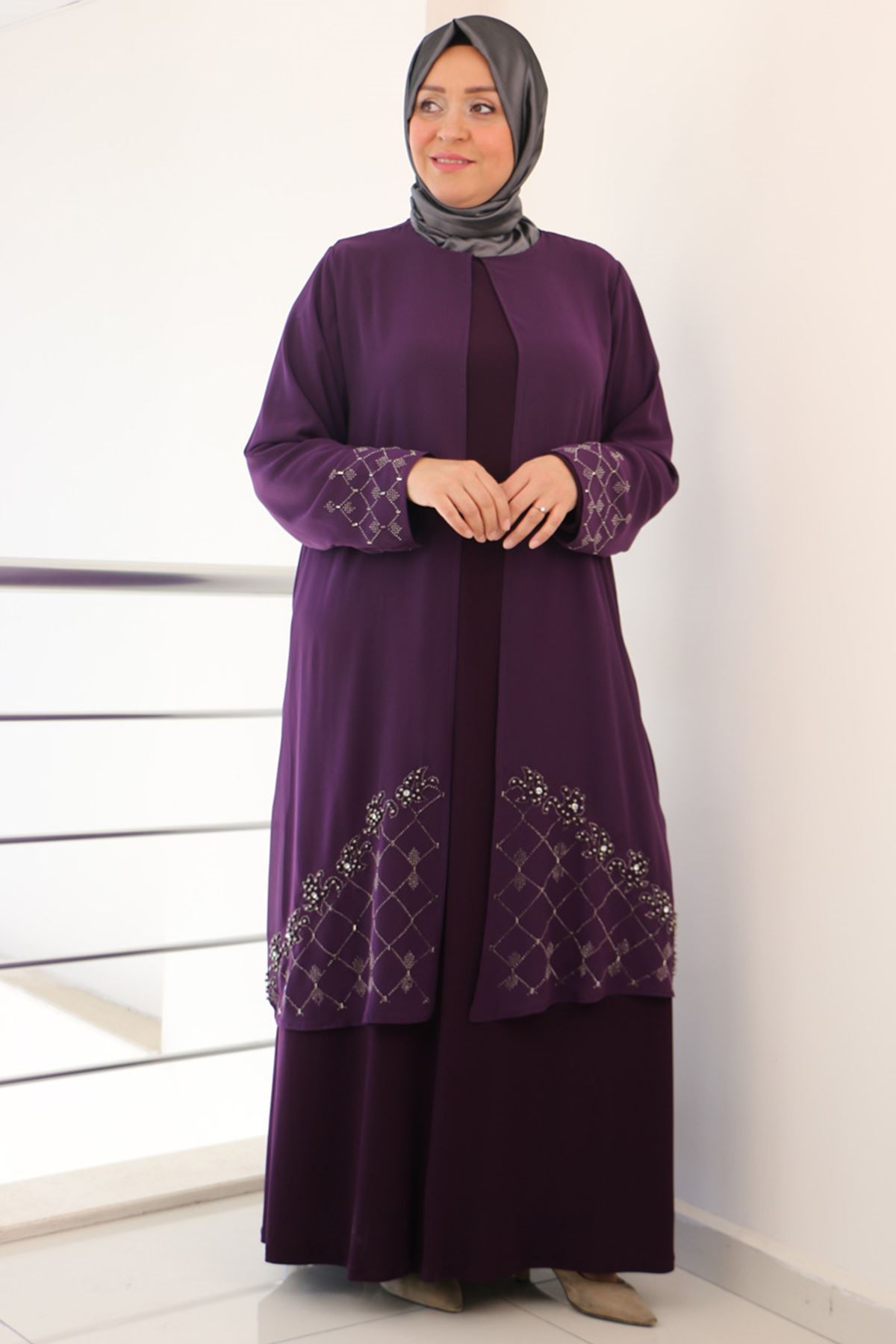 F-42002 Büyük Beden Eteği Taş Detaylı Sandy - Şifon Takım- Mürdüm