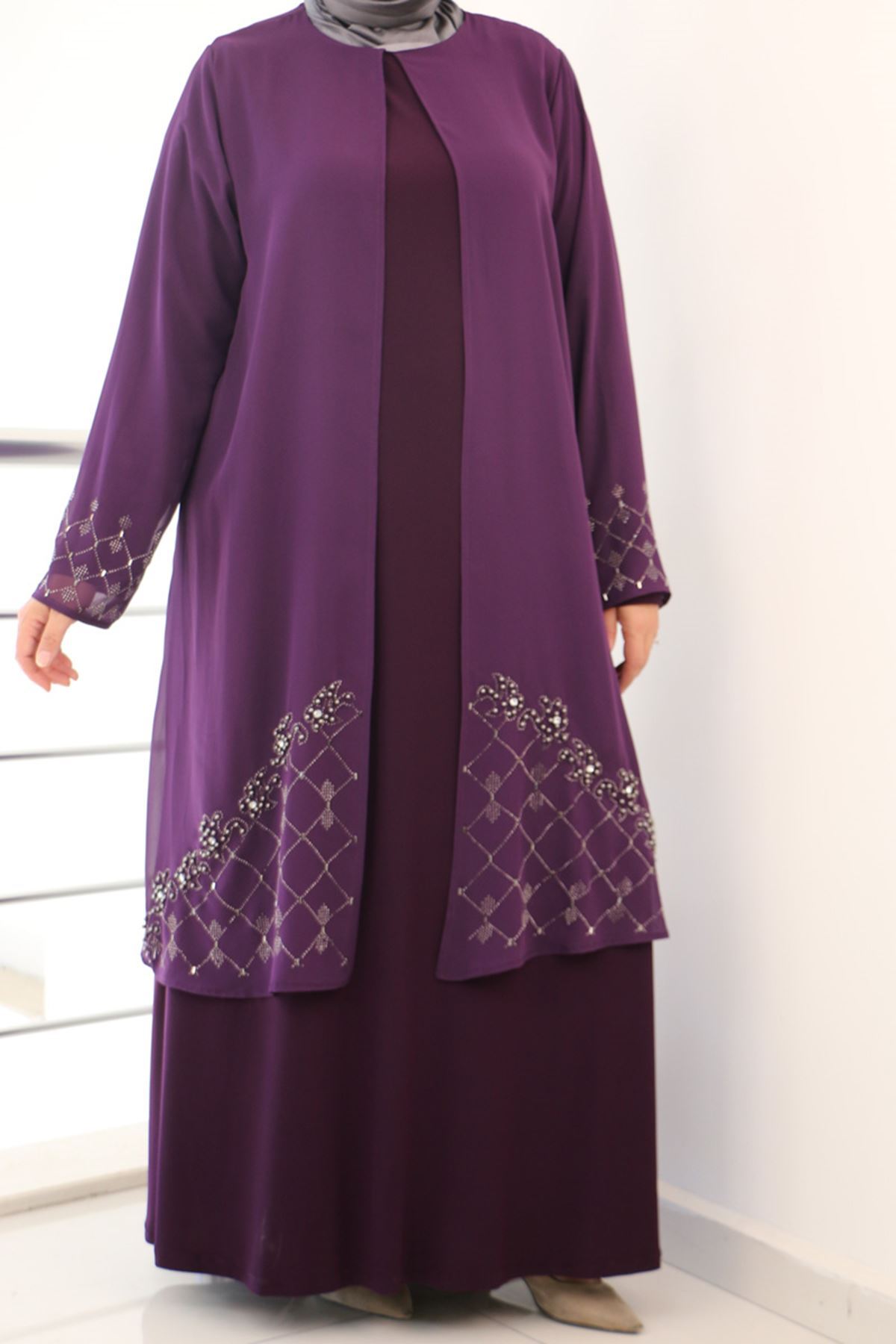 F-42002 Büyük Beden Eteği Taş Detaylı Sandy - Şifon Takım- Mürdüm