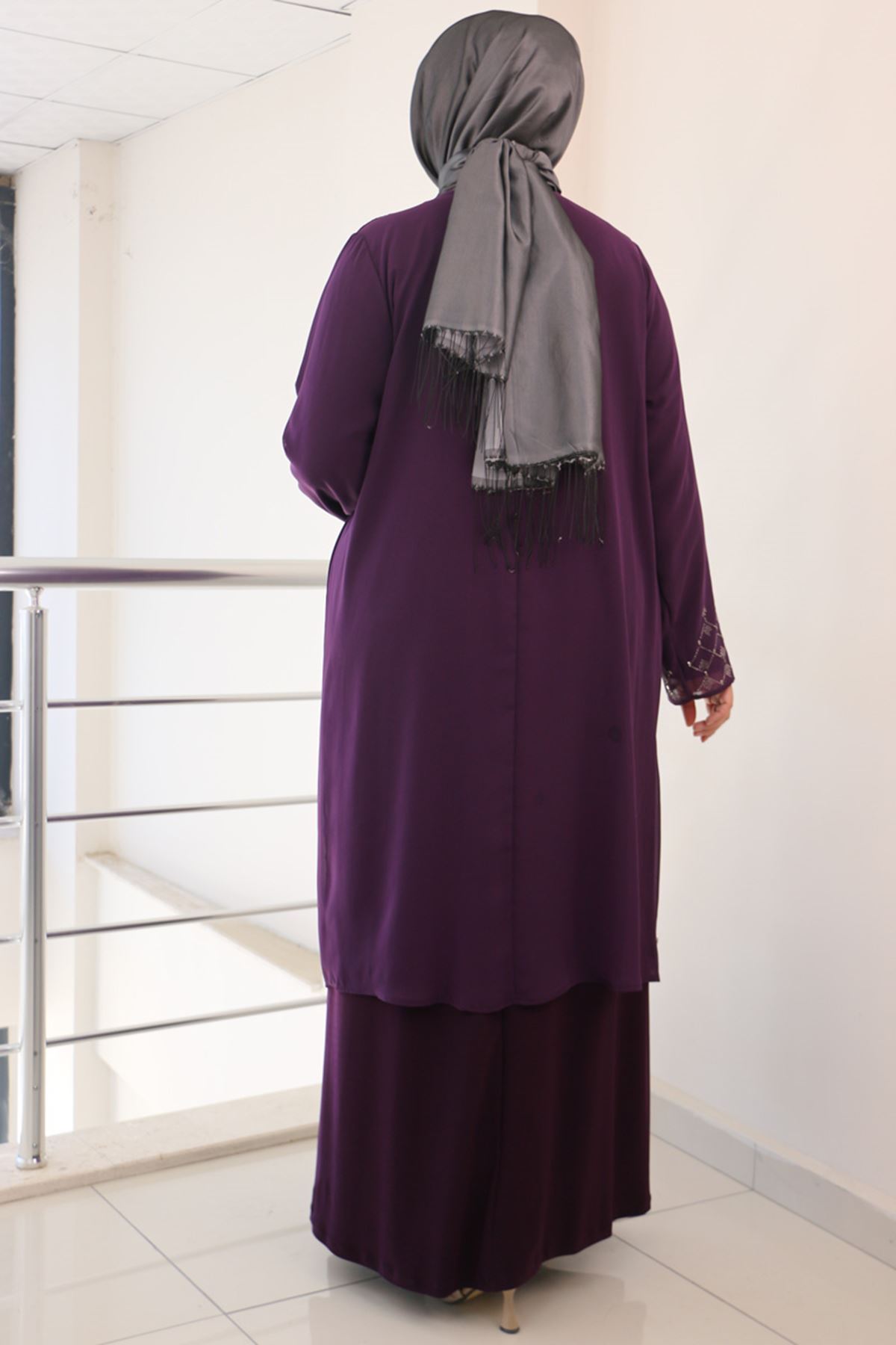 F-42002 Büyük Beden Eteği Taş Detaylı Sandy - Şifon Takım- Mürdüm