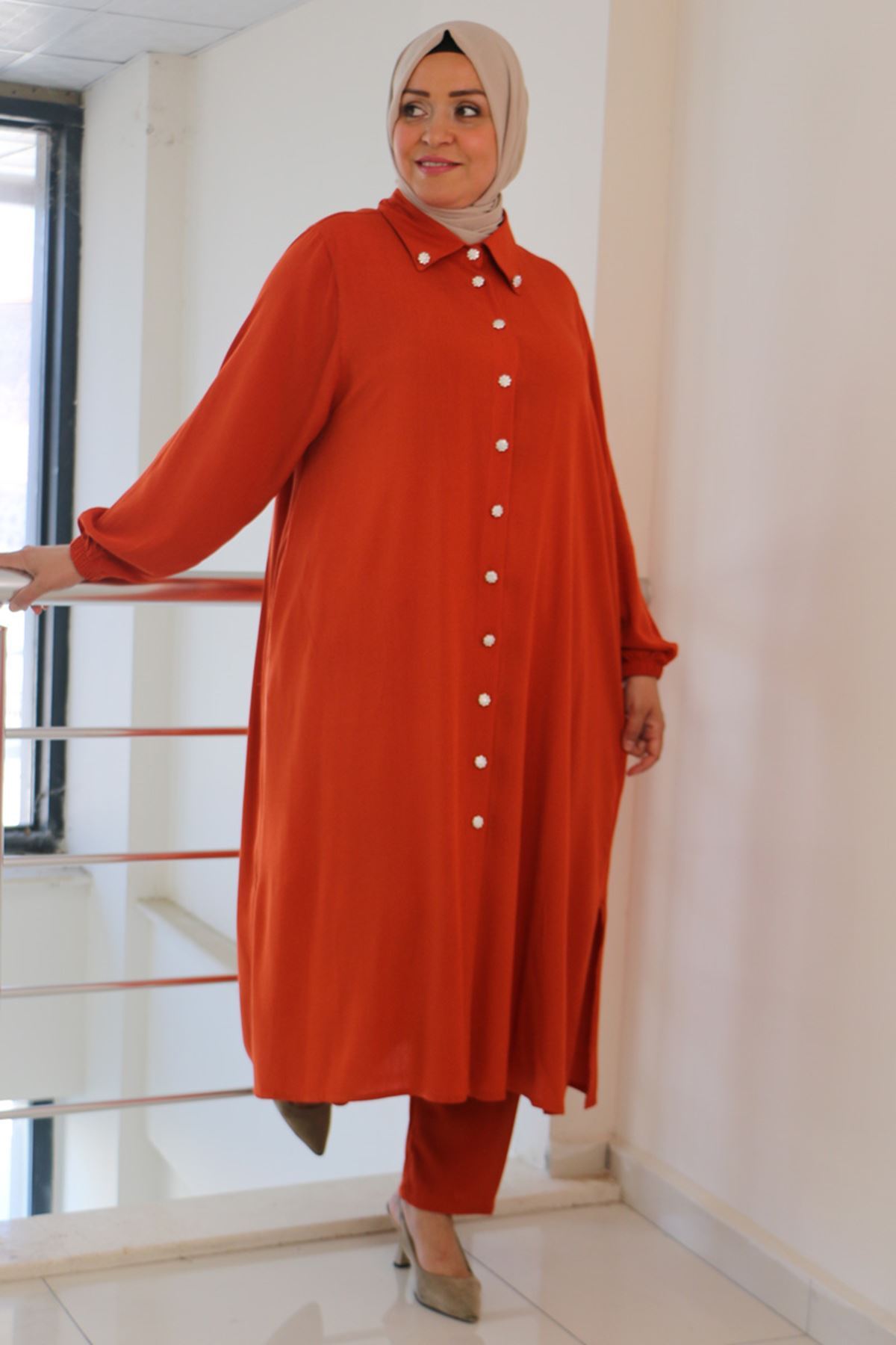 47029 Büyük Beden Kolu Lastikli Dokuma Bürümcük Pantolonlu Takım - Kiremit