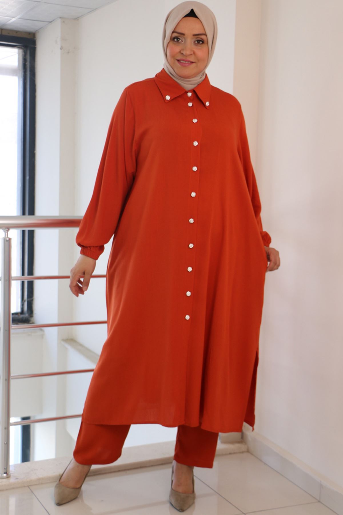 47029 Büyük Beden Kolu Lastikli Dokuma Bürümcük Pantolonlu Takım - Kiremit