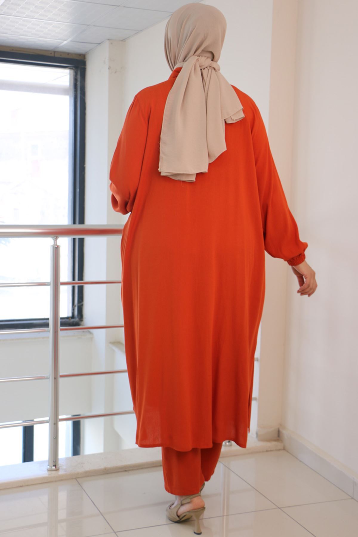 47029 Büyük Beden Kolu Lastikli Dokuma Bürümcük Pantolonlu Takım - Kiremit