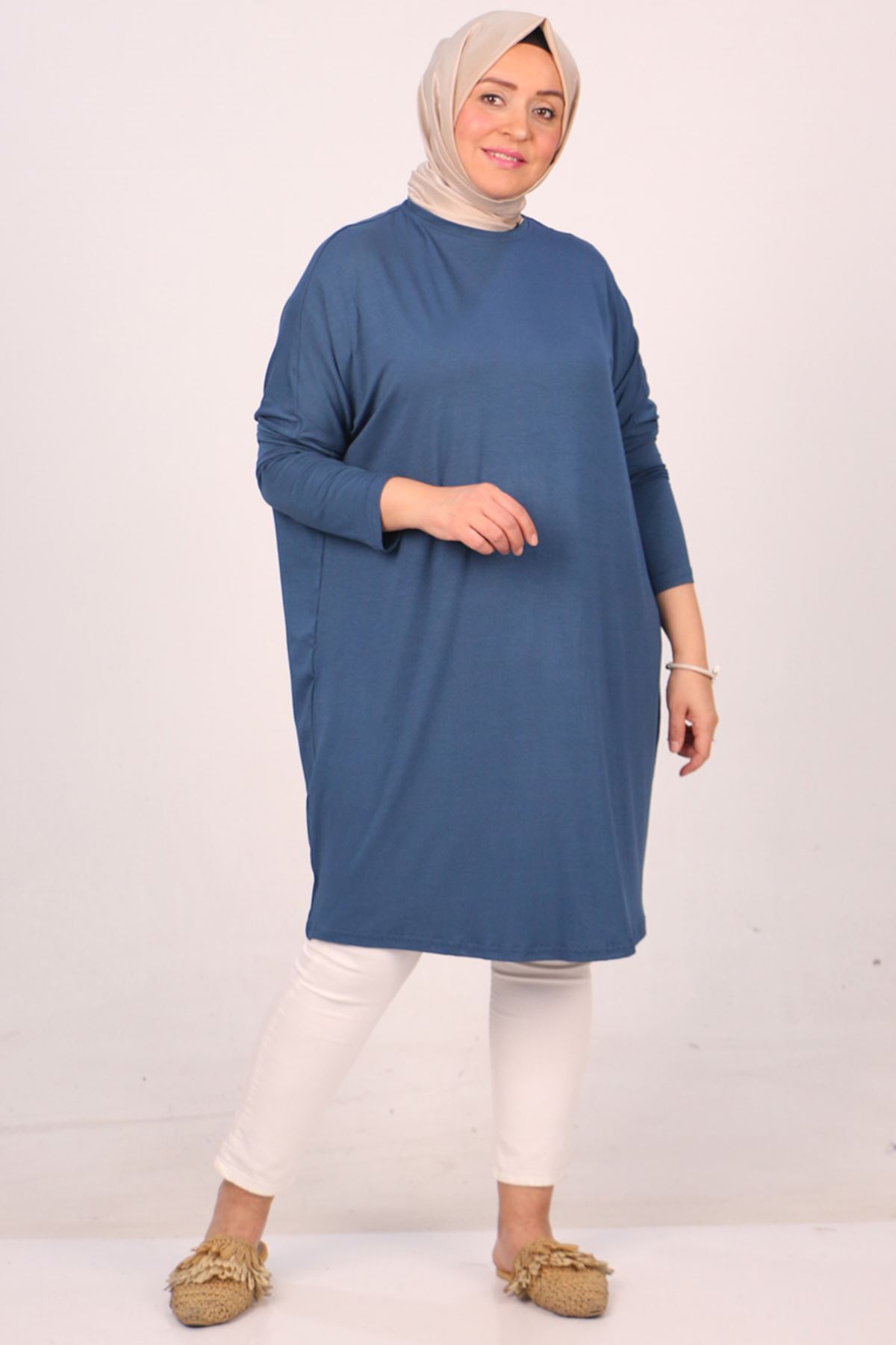 28092 Büyük Beden Düşük Kol Penye Tunik-Petrol