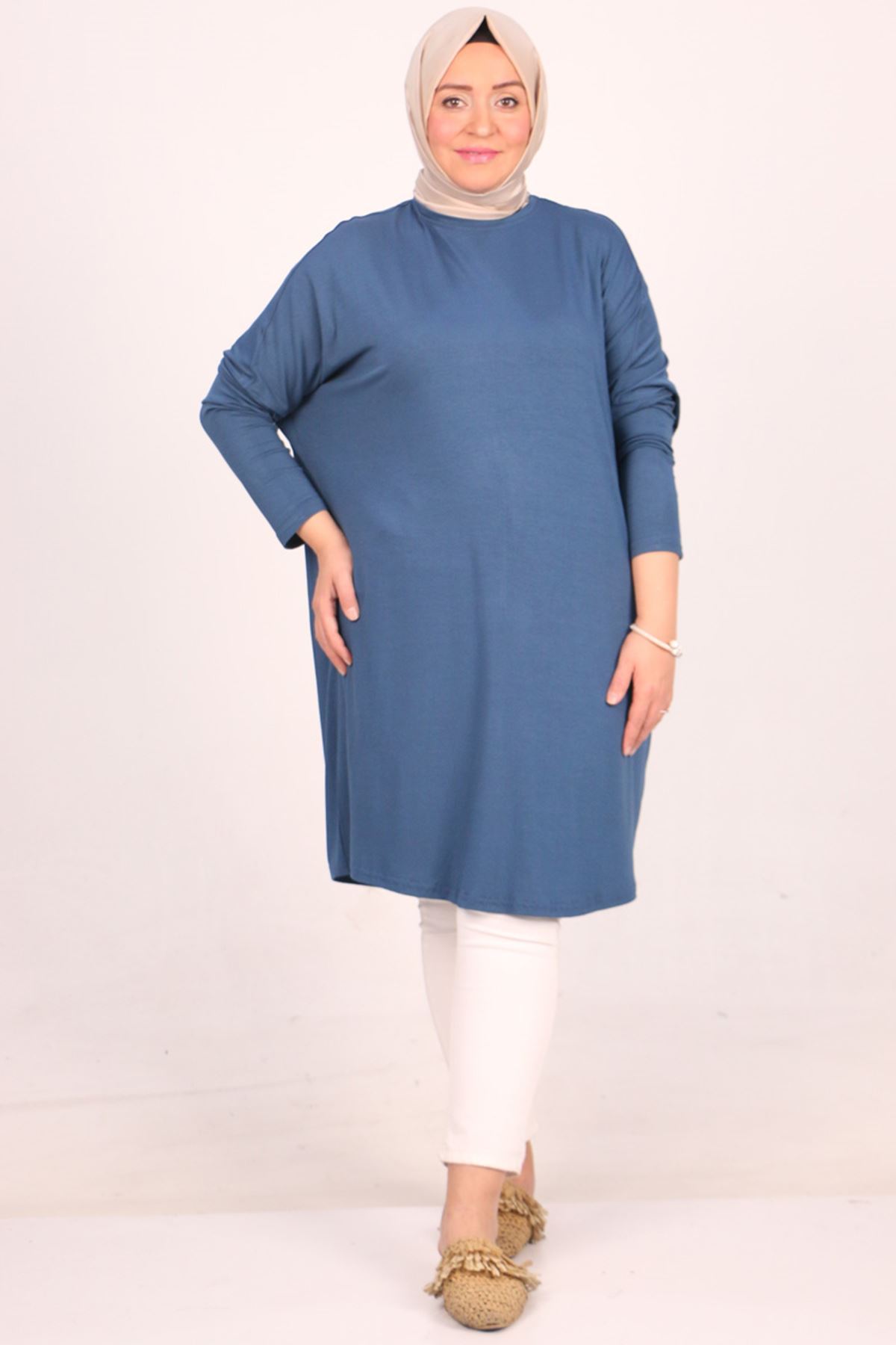 28092 Büyük Beden Düşük Kol Penye Tunik-Petrol