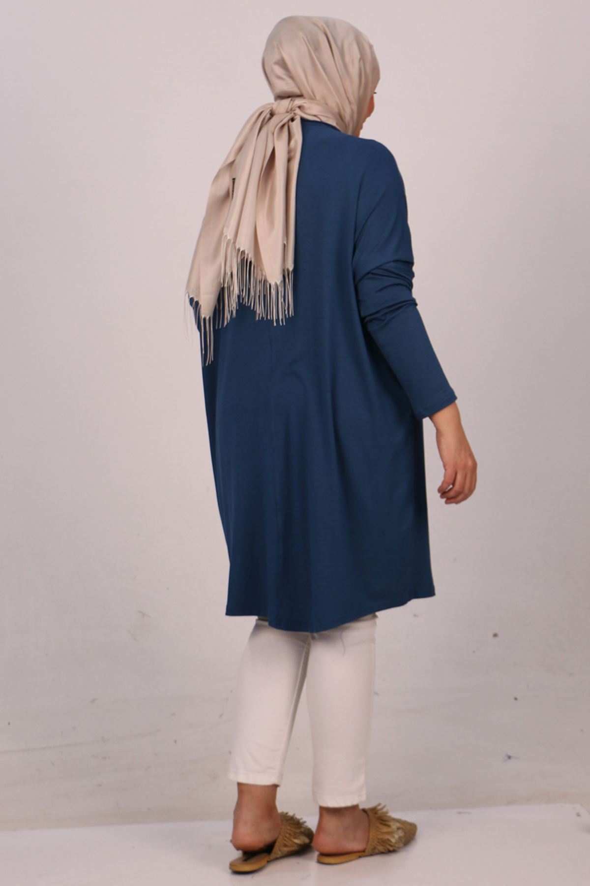 28092 Büyük Beden Düşük Kol Penye Tunik-Petrol