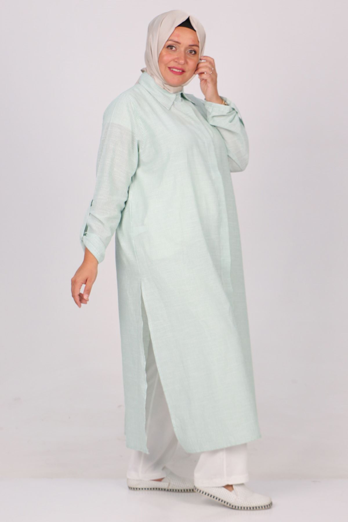 37034 Büyük Beden Cepli Keten Pantolonlu Takım -Benetton