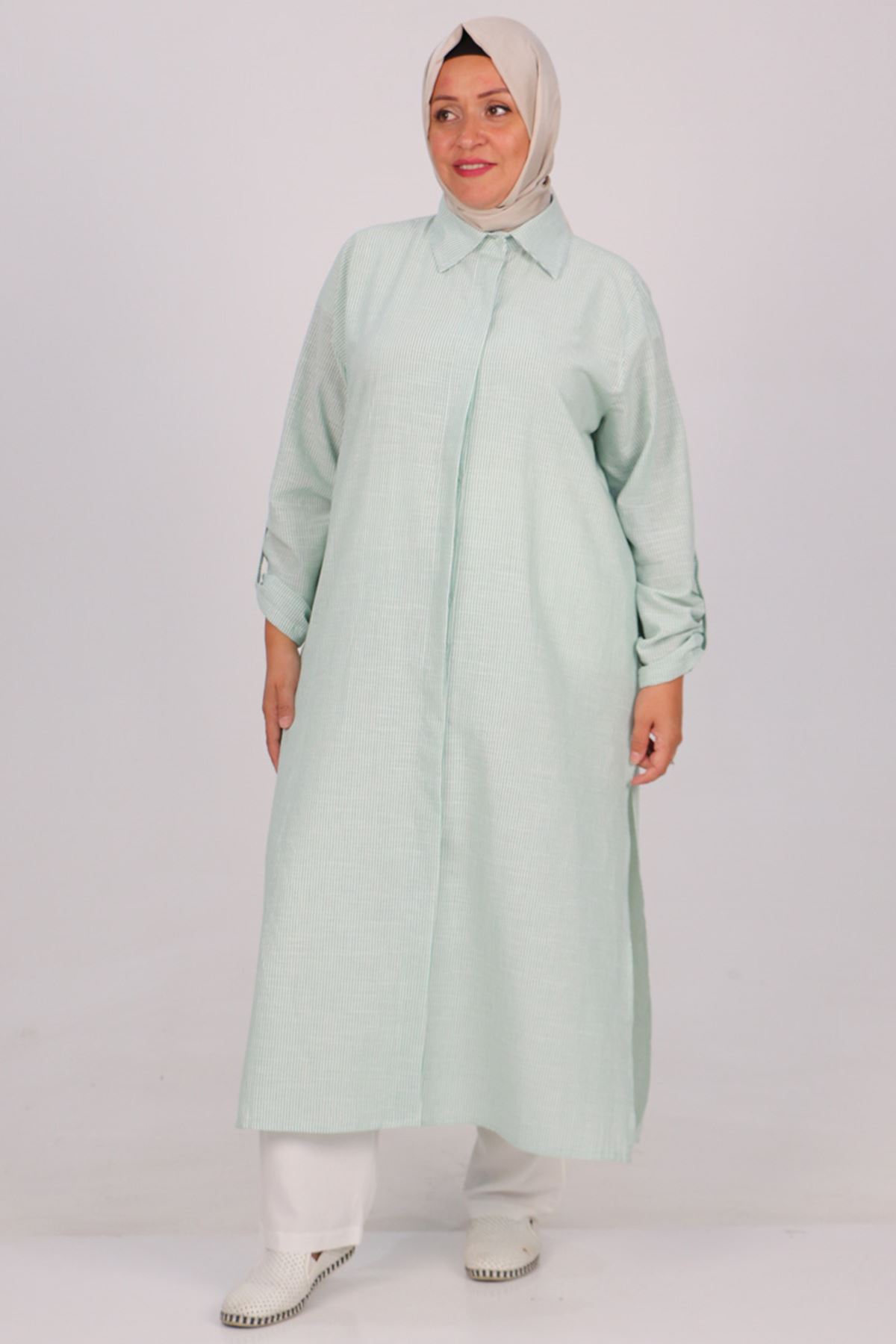 37034 Büyük Beden Cepli Keten Pantolonlu Takım -Benetton