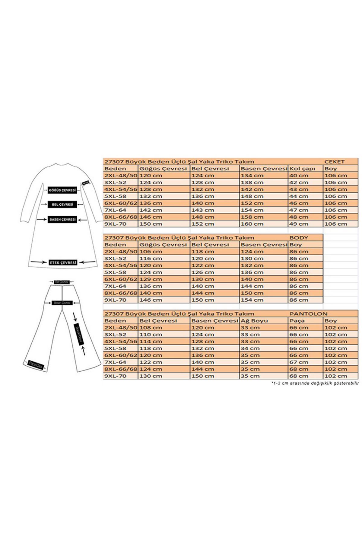 27307 Büyük Beden Üçlü Şal Yaka Triko Takım-Haki