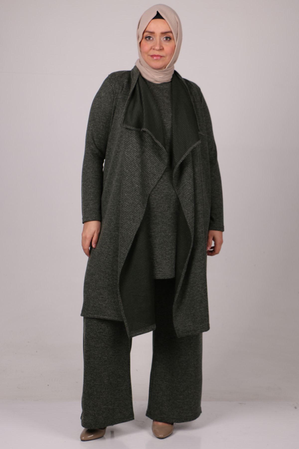 27307 Büyük Beden Üçlü Şal Yaka Triko Takım-Haki