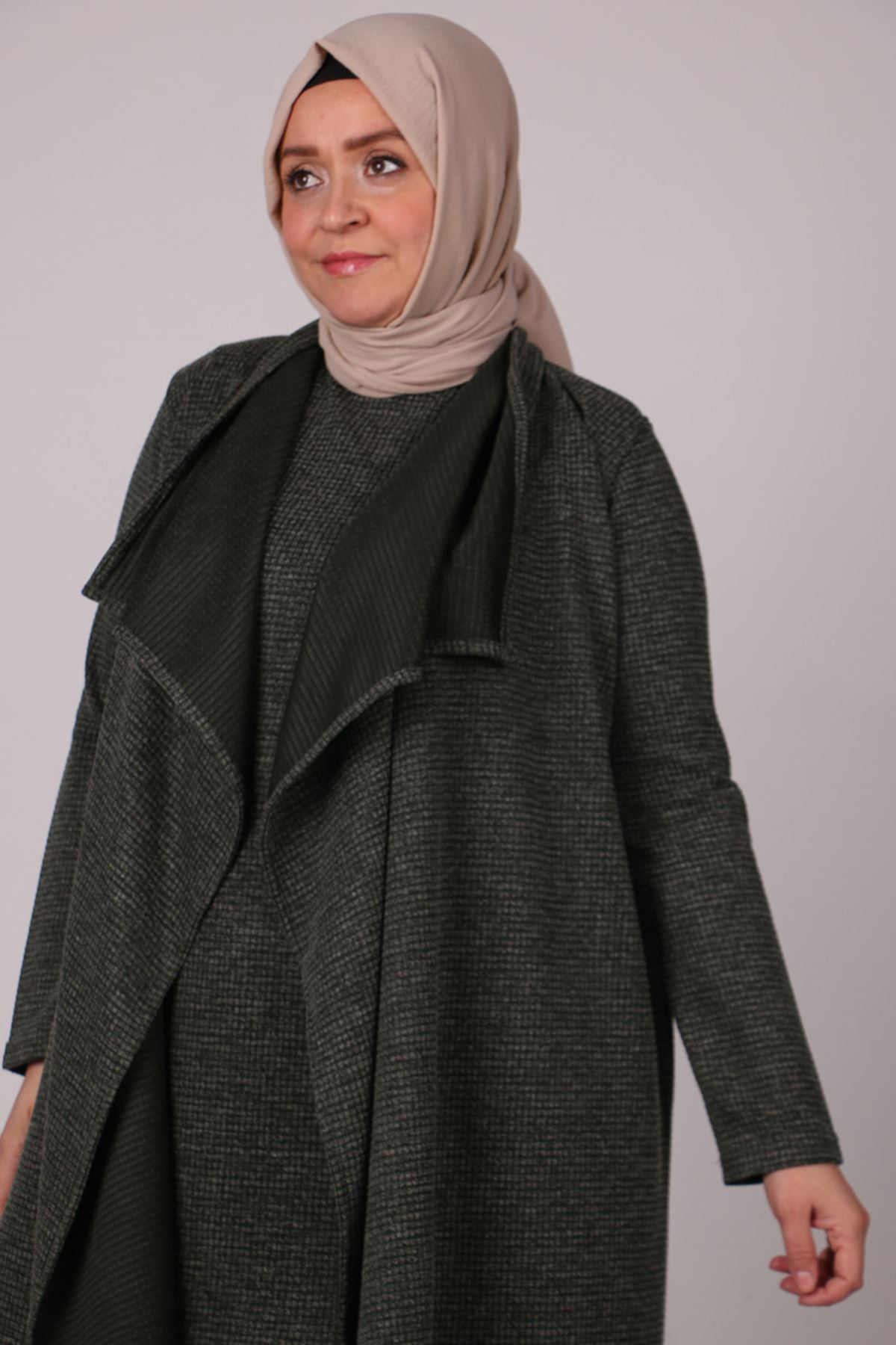 27307 Büyük Beden Üçlü Şal Yaka Triko Takım-Haki