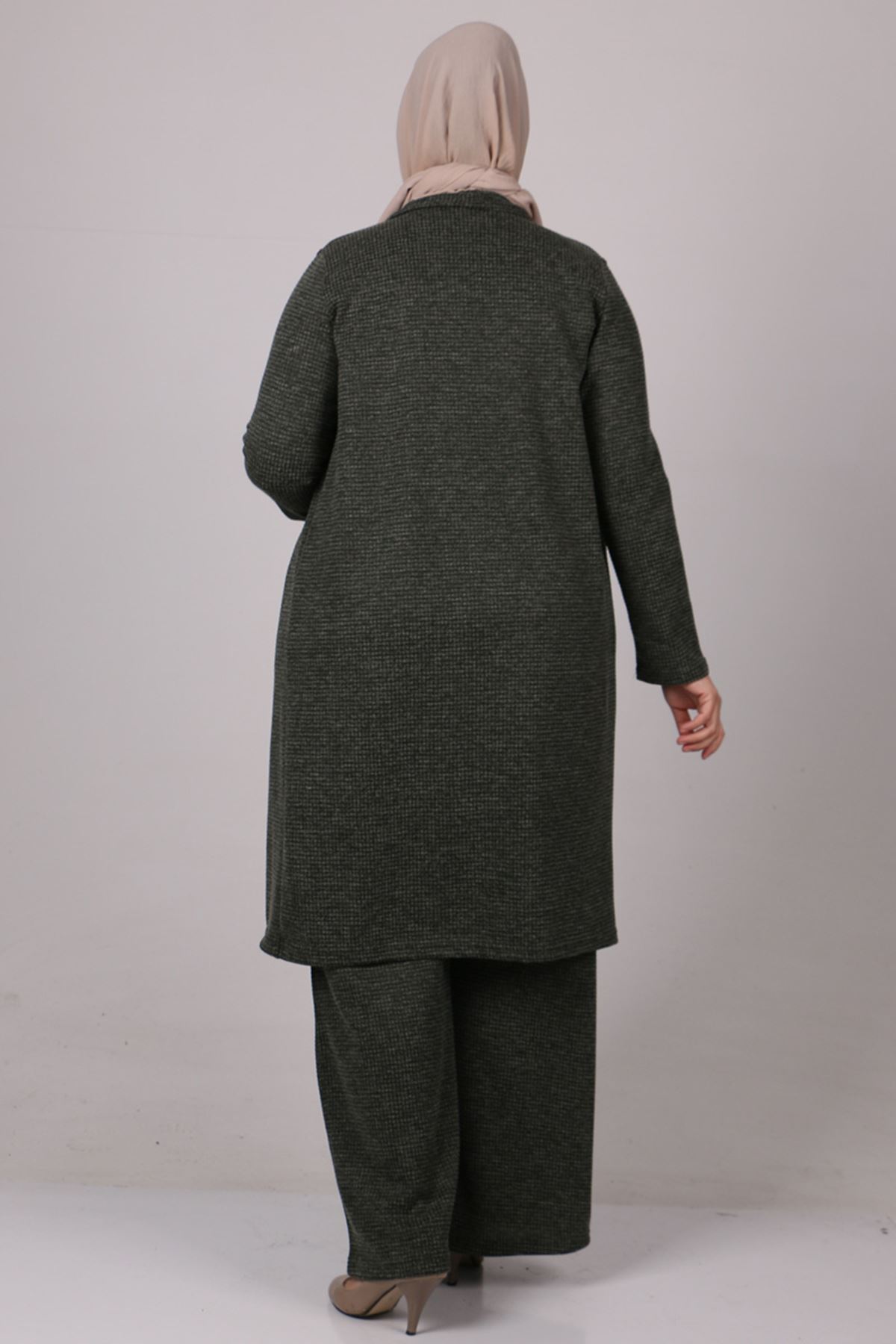 27307 Büyük Beden Üçlü Şal Yaka Triko Takım-Haki