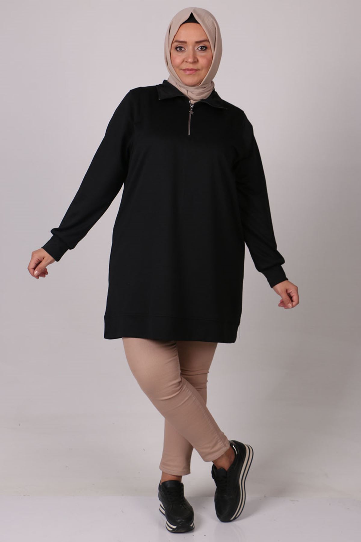 28111 Büyük Beden Yaka Fermuarlı İki İplik Sweat-Sİyah