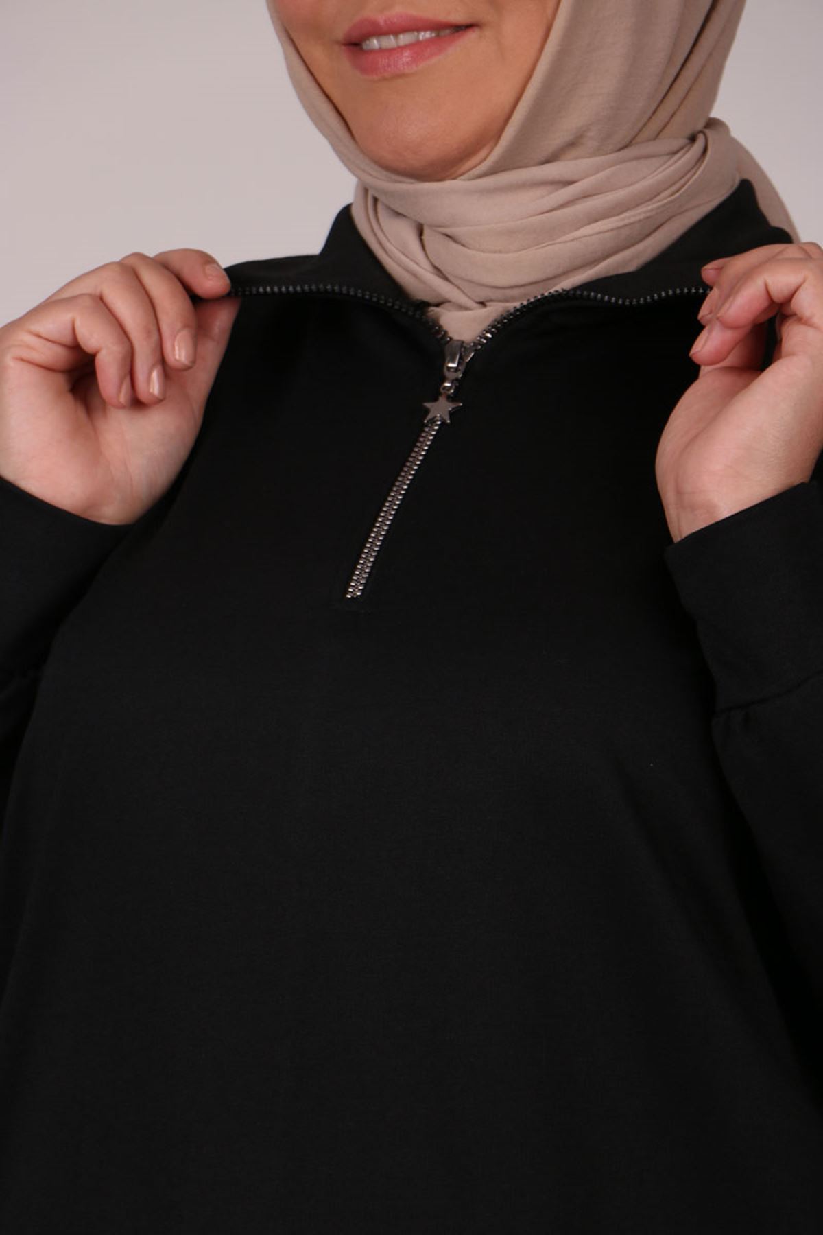 28111 Büyük Beden Yaka Fermuarlı İki İplik Sweat-Sİyah