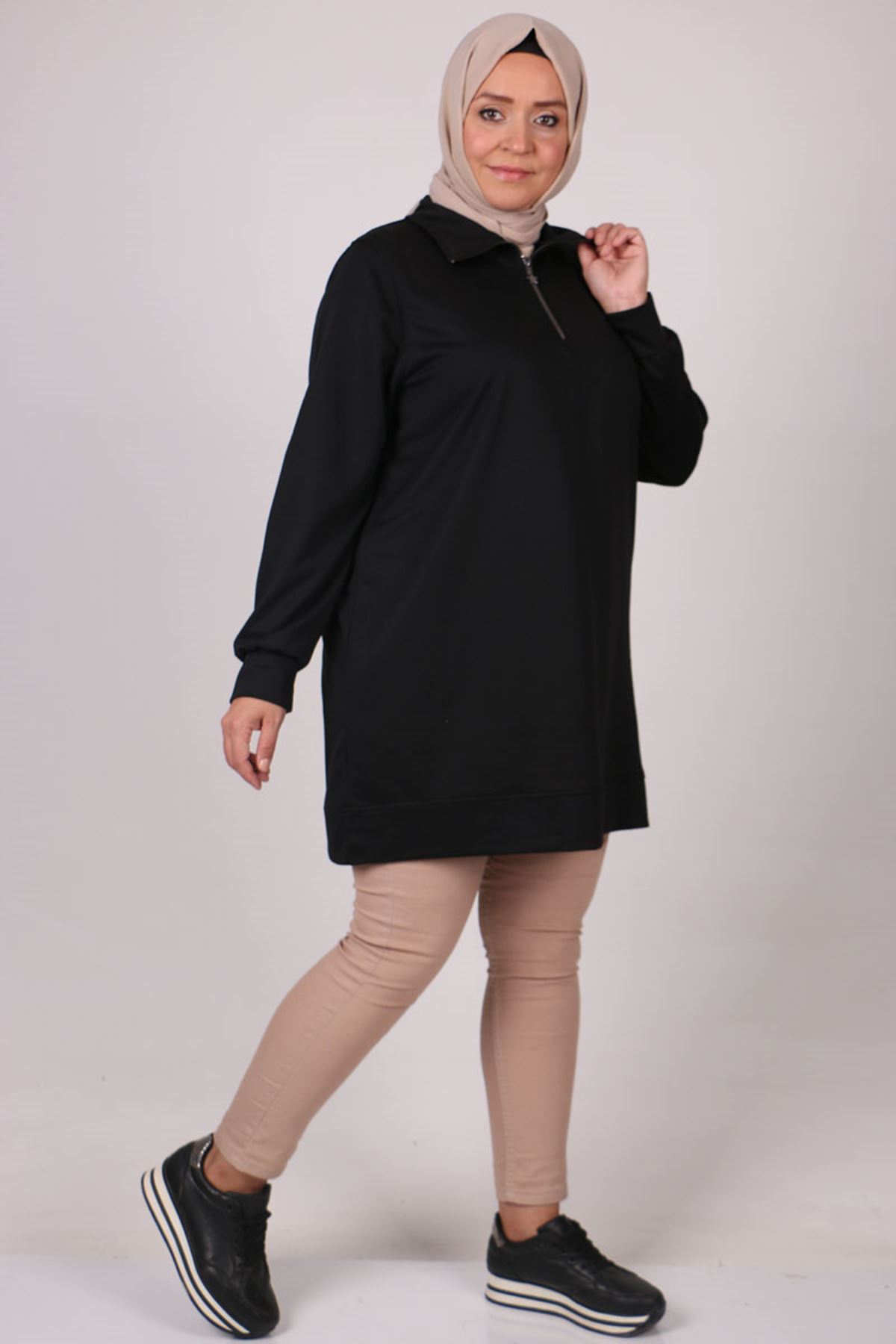 28111 Büyük Beden Yaka Fermuarlı İki İplik Sweat-Sİyah