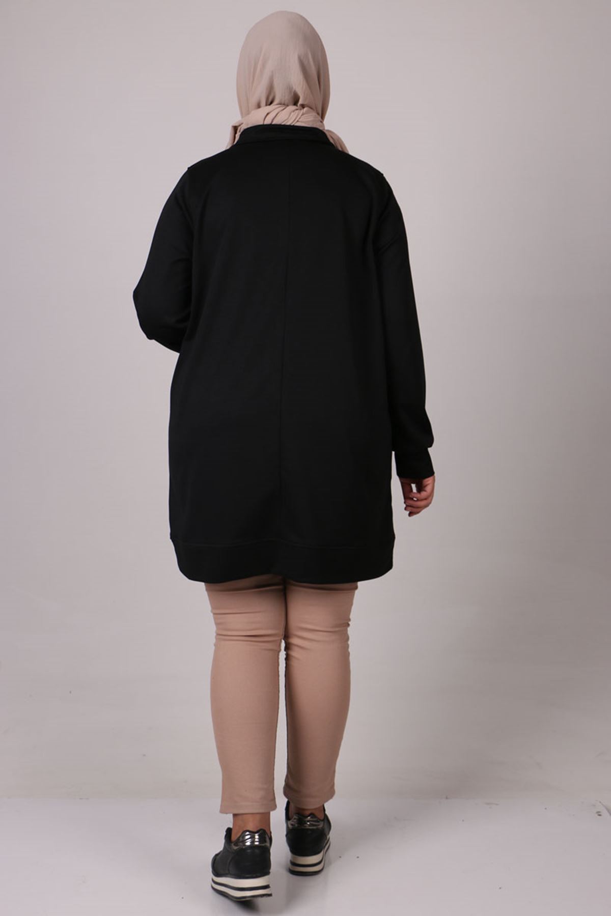 28111 Büyük Beden Yaka Fermuarlı İki İplik Sweat-Sİyah