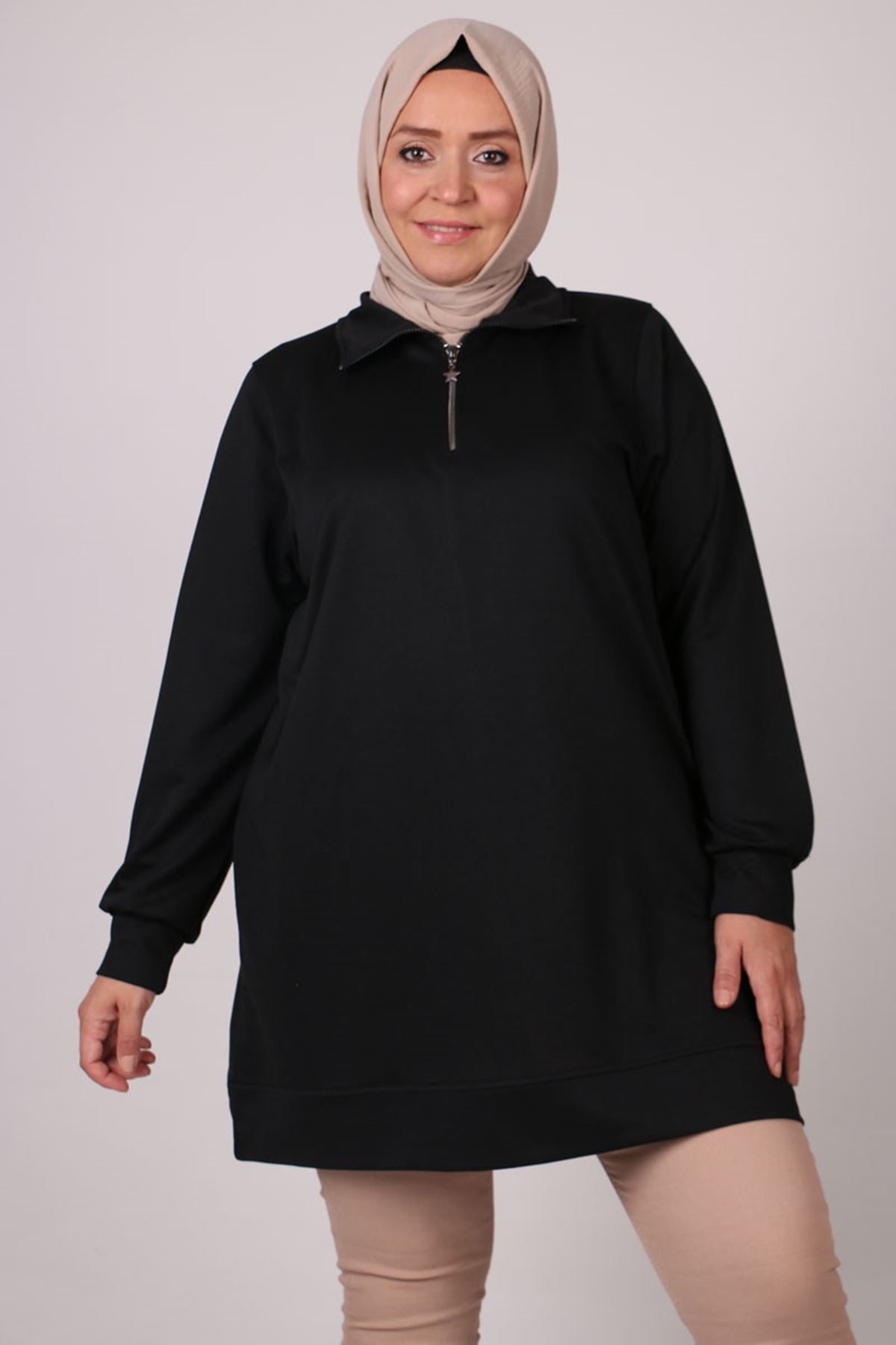 28111 Büyük Beden Yaka Fermuarlı İki İplik Sweat-Sİyah