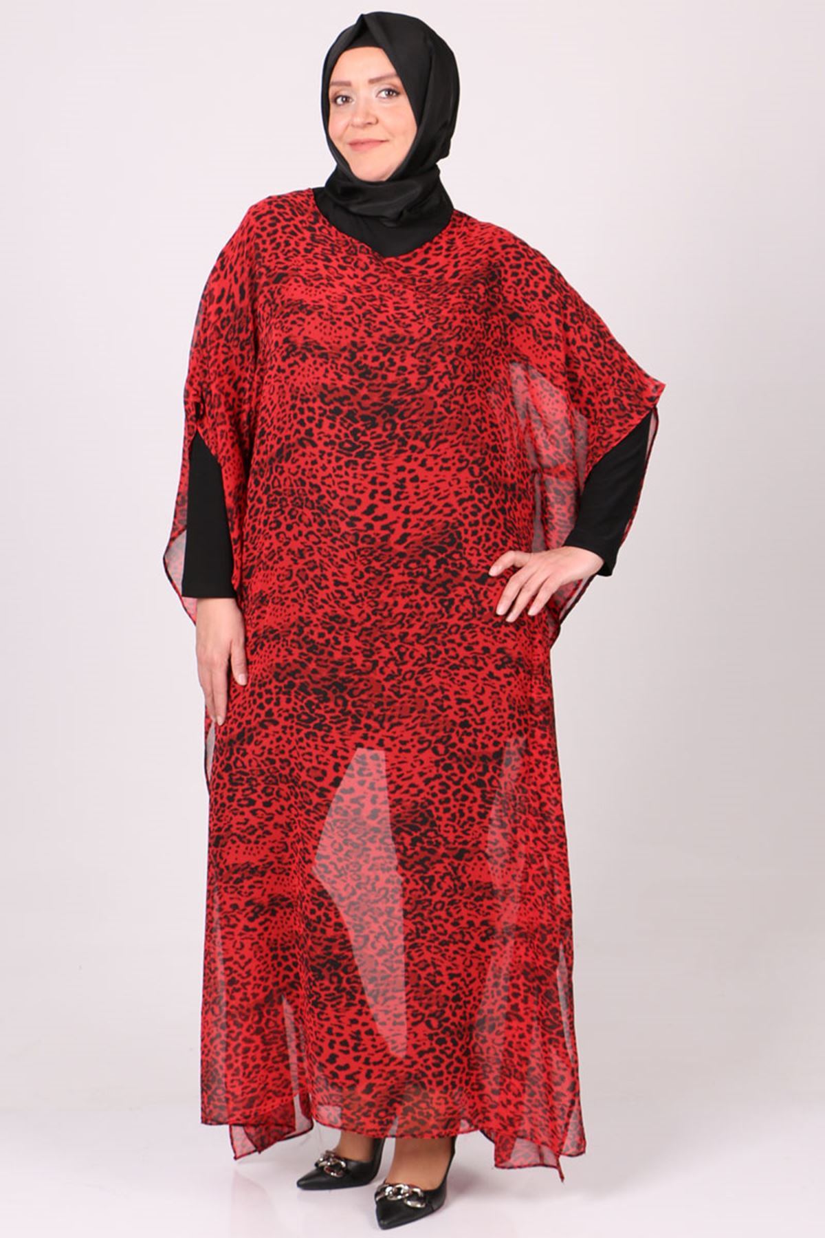 1719 Büyük Beden Pareo - Kırmızı Leopar