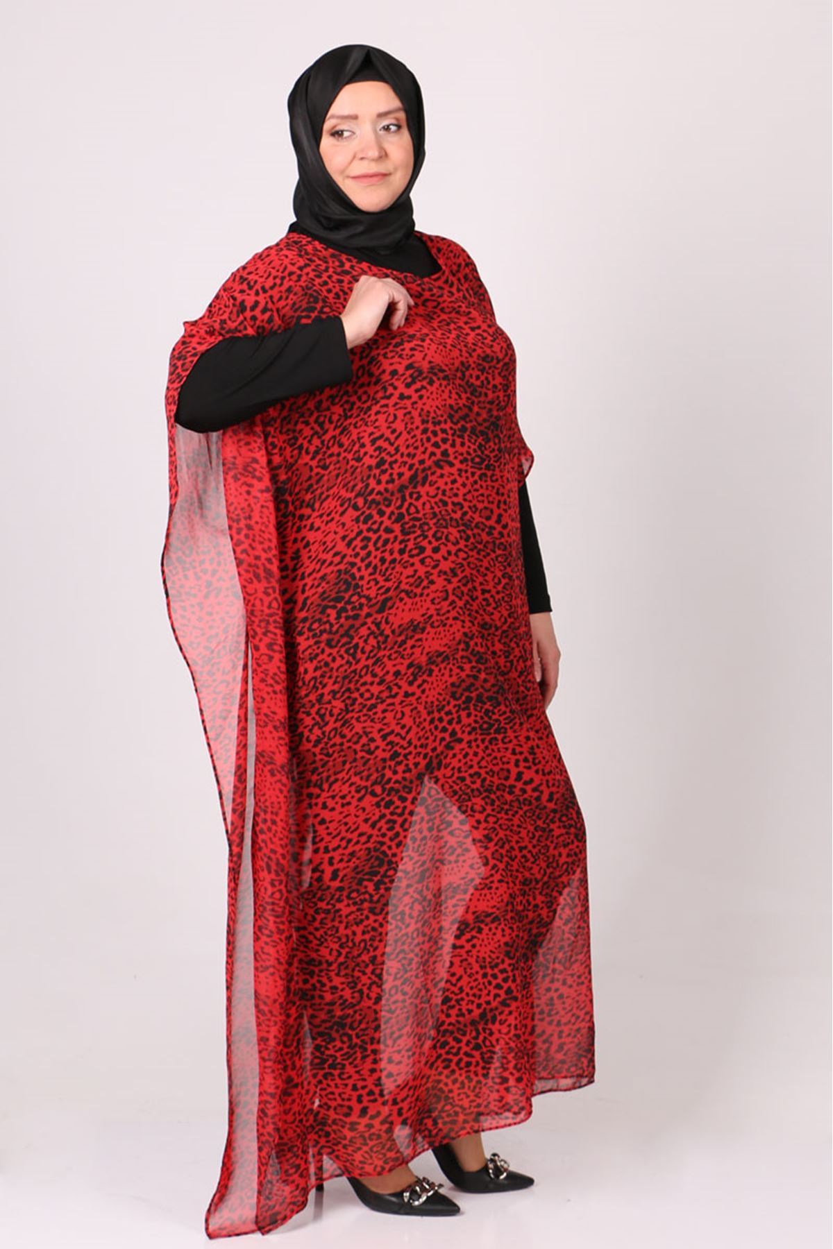 1719 Büyük Beden Pareo - Kırmızı Leopar