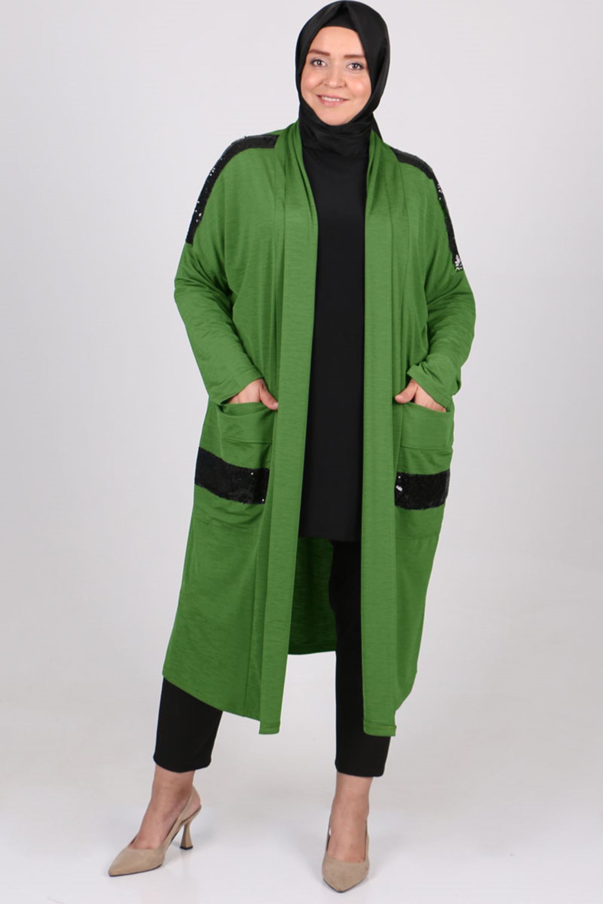 23012 Büyük Beden Pul Payetli Mina Ceket - Haki