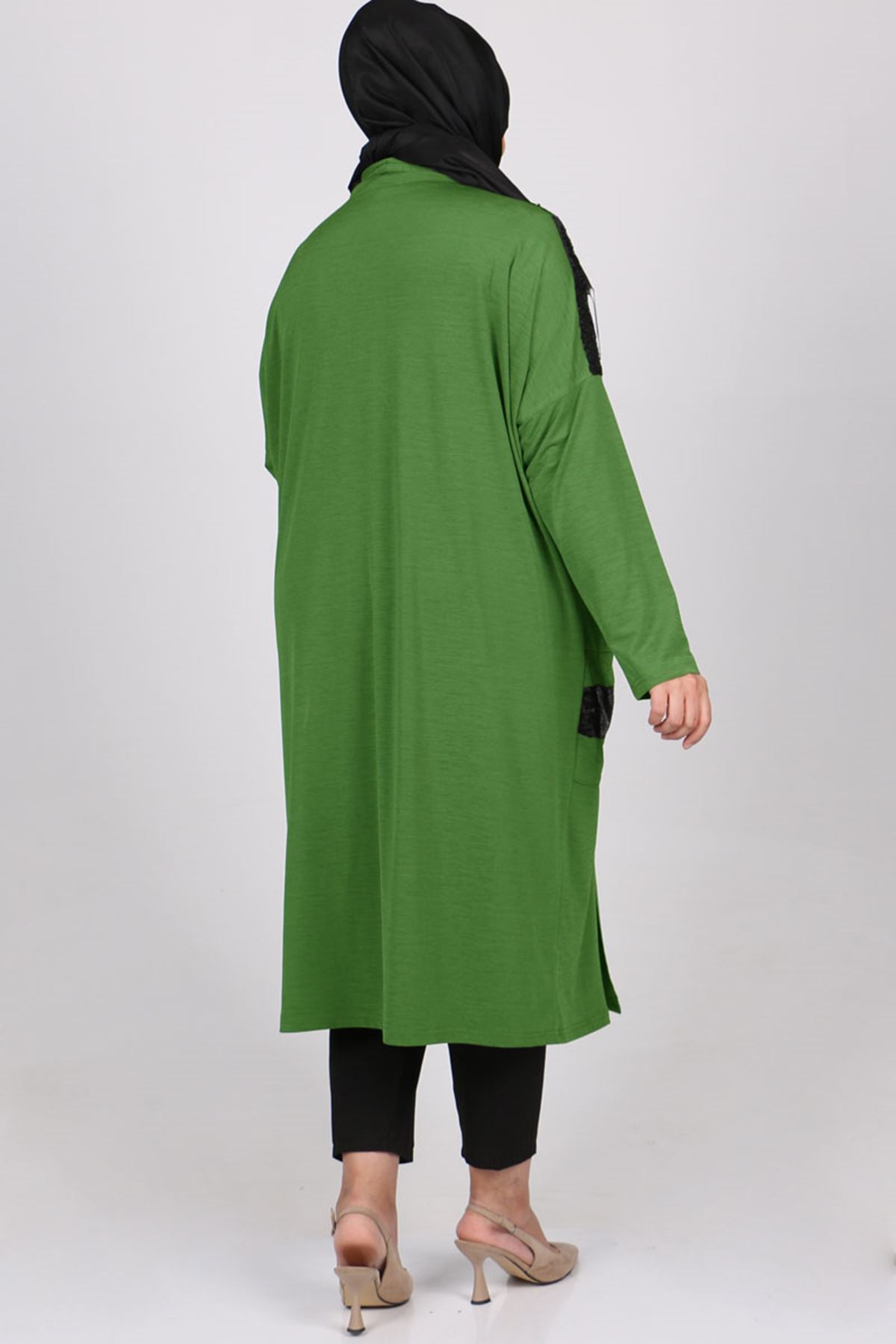 23012 Büyük Beden Pul Payetli Mina Ceket - Haki