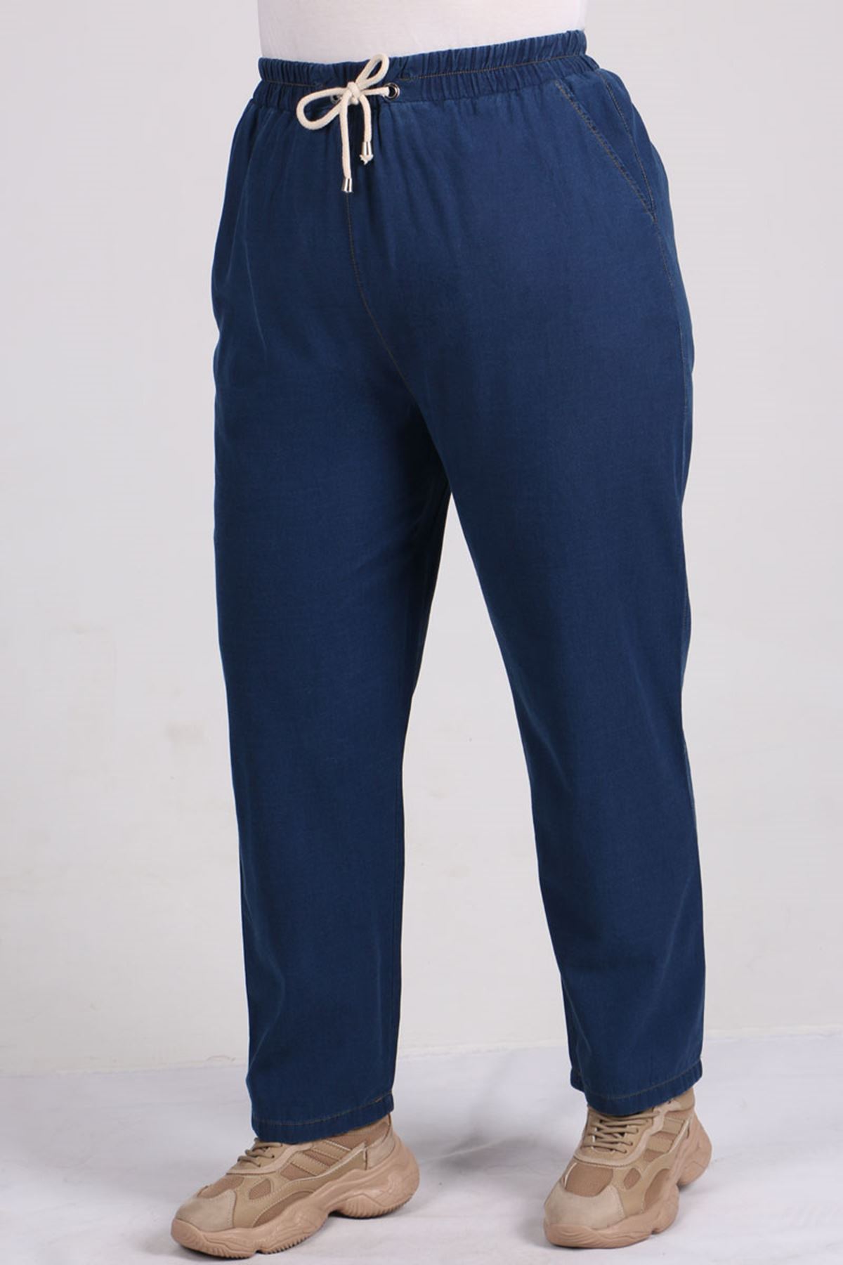 9154 Büyük Beden Beli Lastikli Dar Paça Kot Pantolon - Koyu Mavi