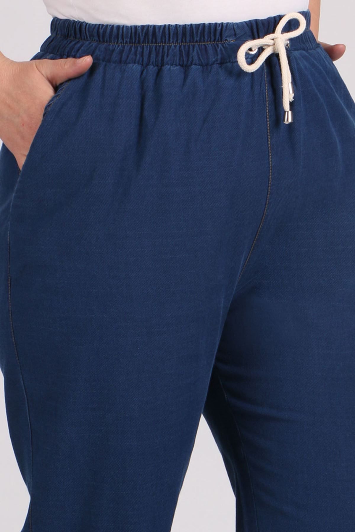9154 Büyük Beden Beli Lastikli Dar Paça Kot Pantolon - Koyu Mavi