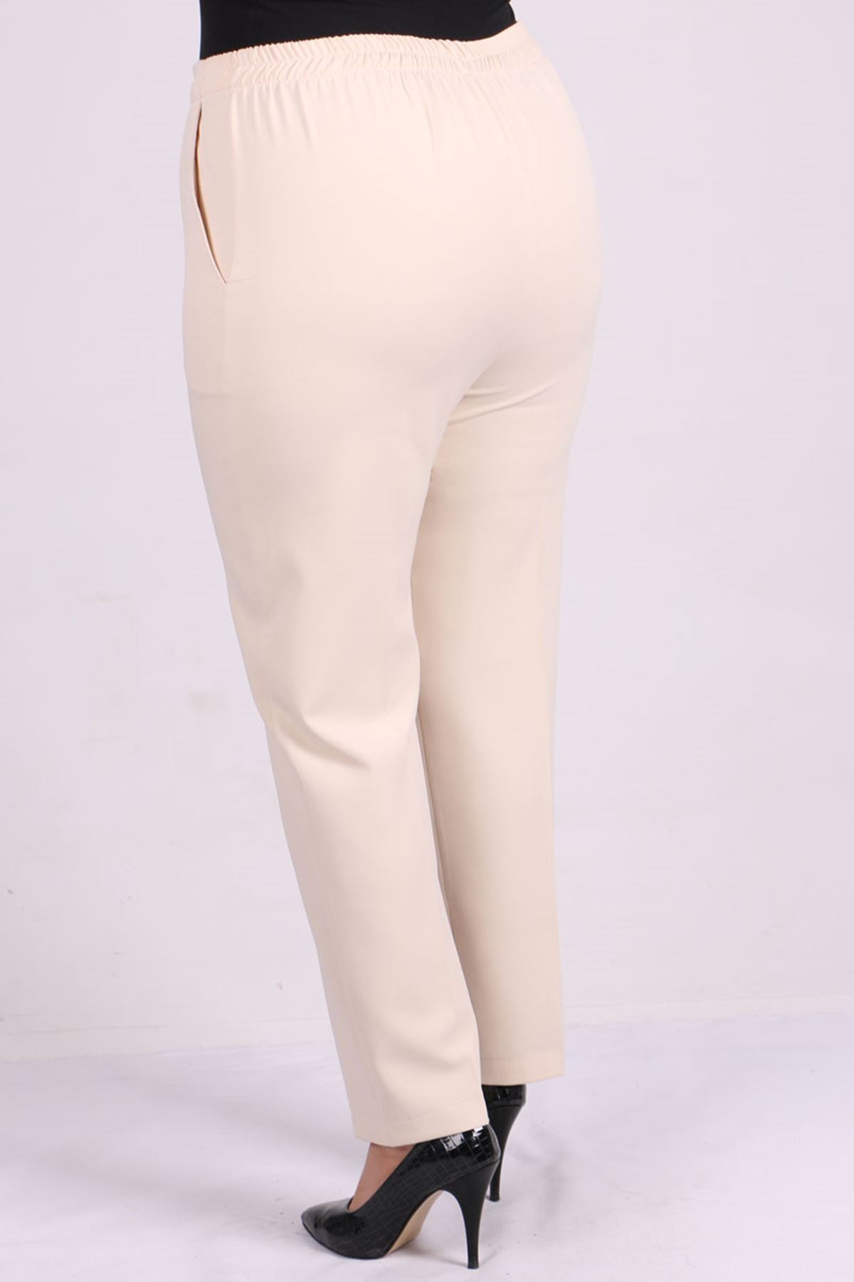 9025 Büyük Beden Beli Lastikli  Boru Paça Pantolon - Taş