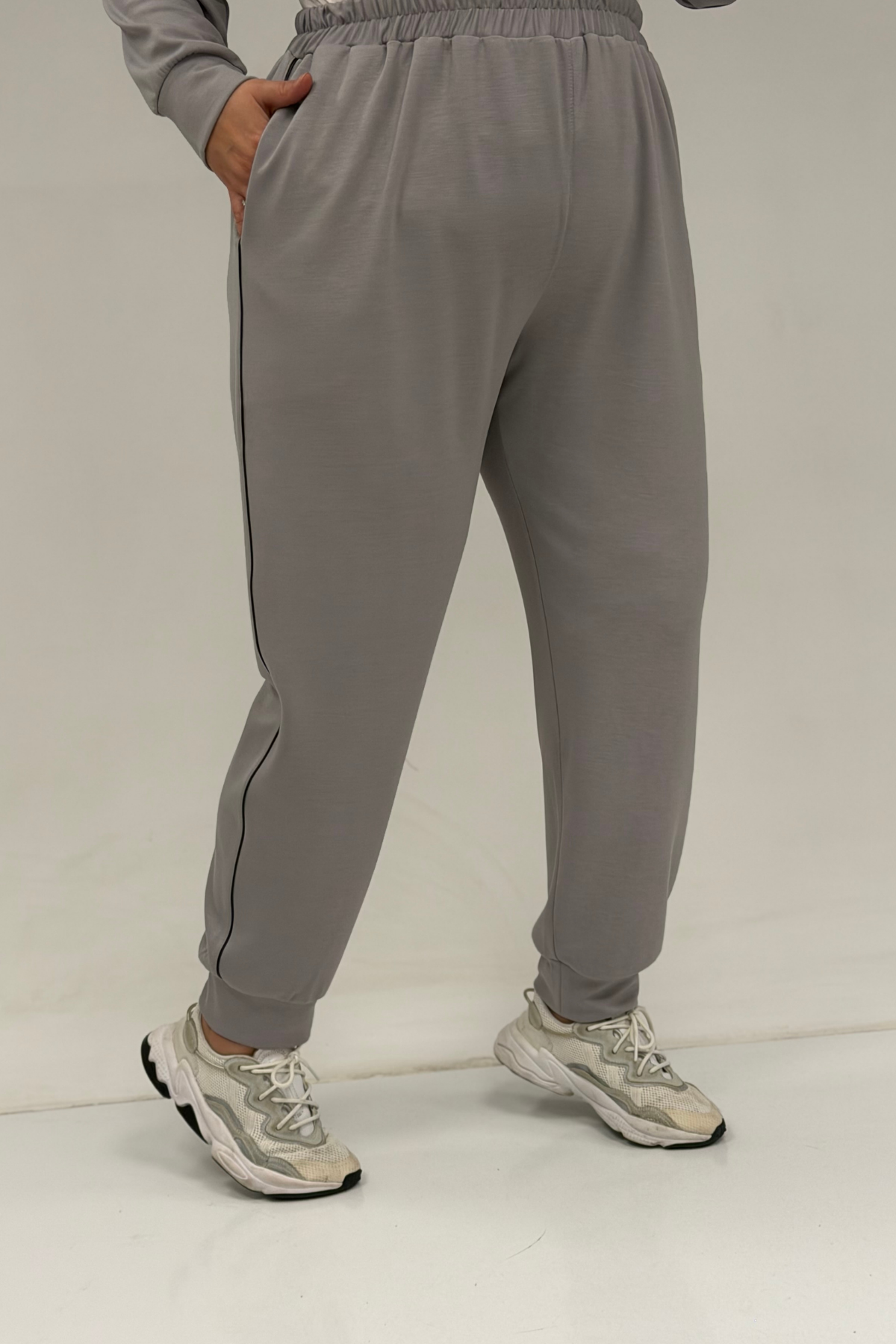 47098 Büyük Beden Waterport Garnili Modal Pantolonlu Takım - Gri