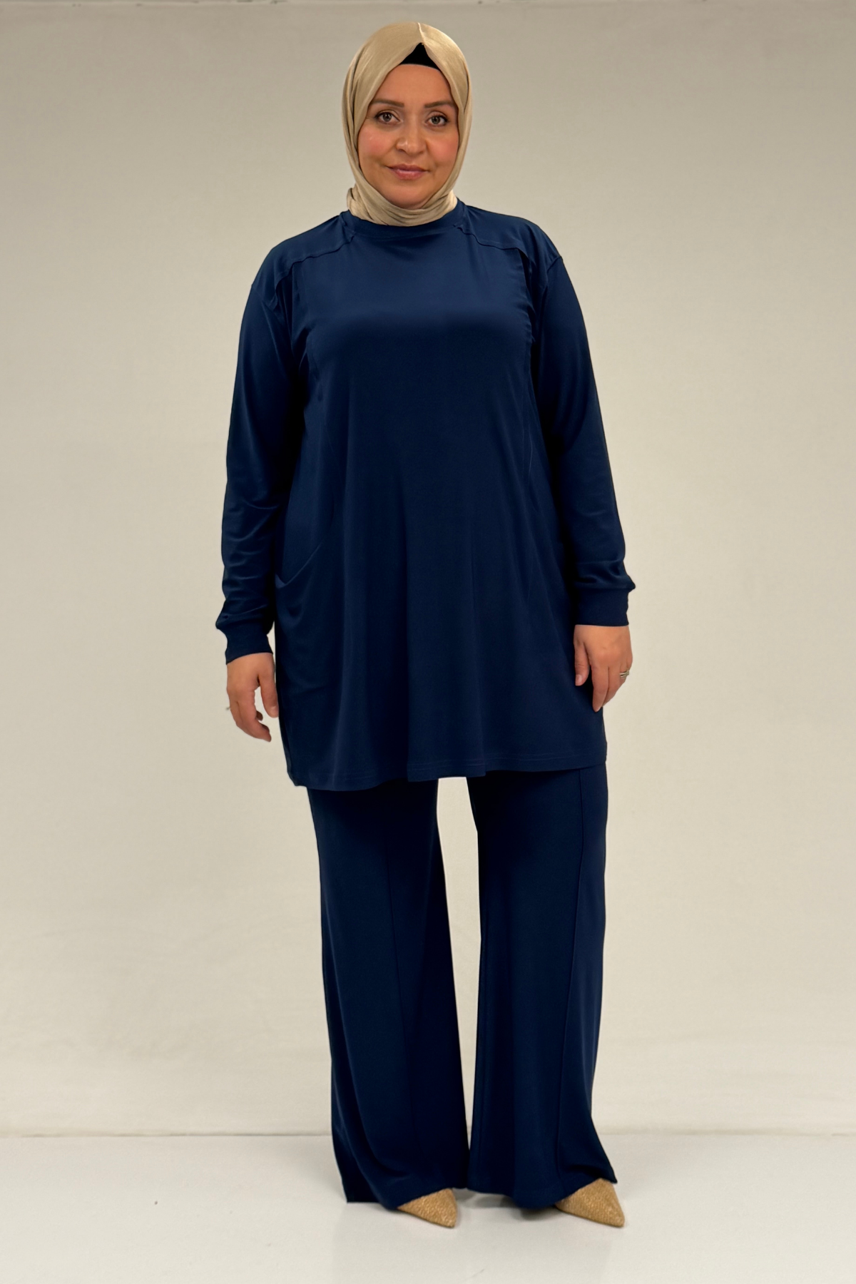 67031 Büyük Beden Yanları Cep Detaylı Pantolonlu Sandy Takım - İndigo