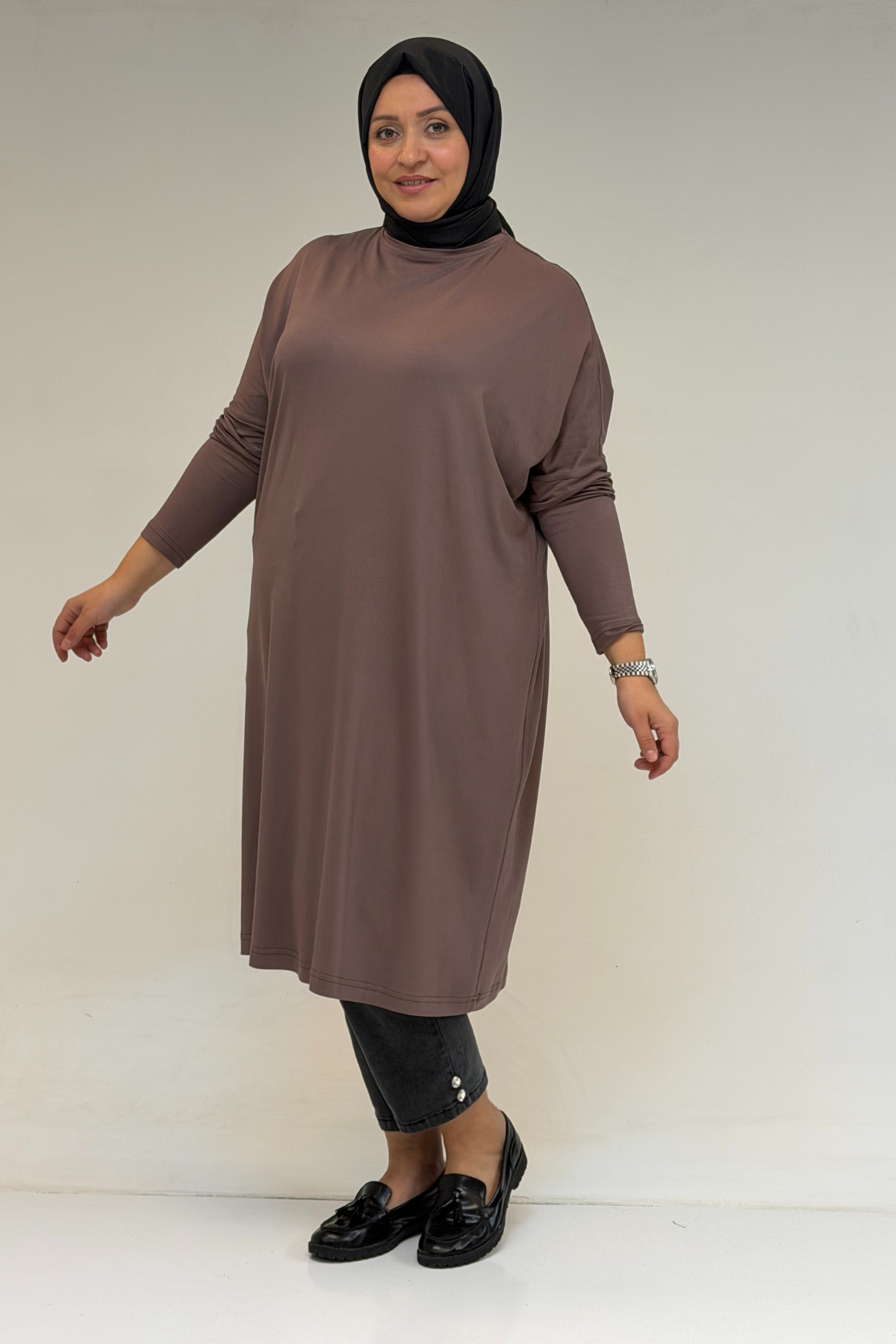 28092 Büyük Beden Düşük Kol Penye Tunik- Vizon