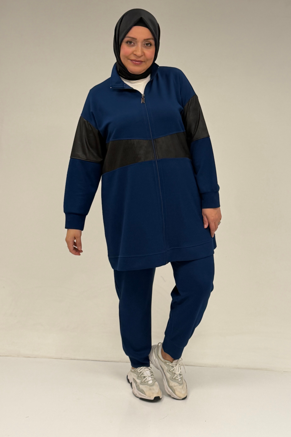 47098 Büyük Beden Waterport Garnili Modal Pantolonlu Takım - İndigo