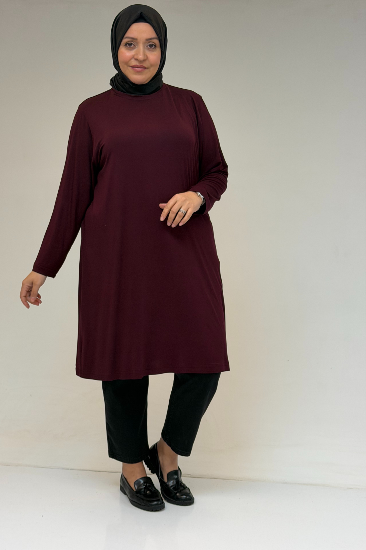 38501 Büyük Beden Basic Penye Tunik -  Bordo