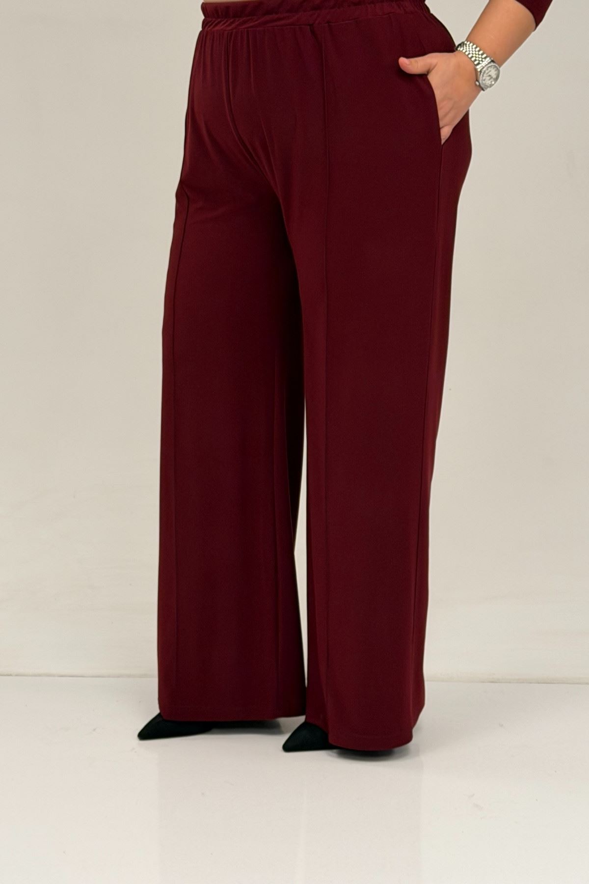 67033 Büyük Beden  Etek Ucu Parçalı Sandy Pantolonlu Takım - Bordo