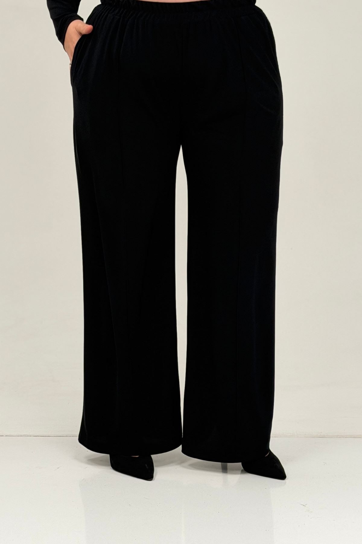 67033 Büyük Beden  Etek Ucu Parçalı Sandy Pantolonlu Takım - Siyah