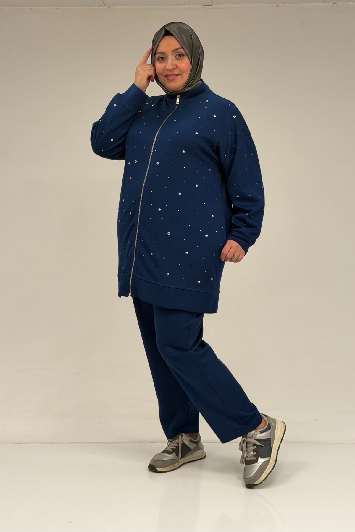 47070 Büyük Beden Önü Taş Detaylı Modal Pantolonlu Takım - İndigo