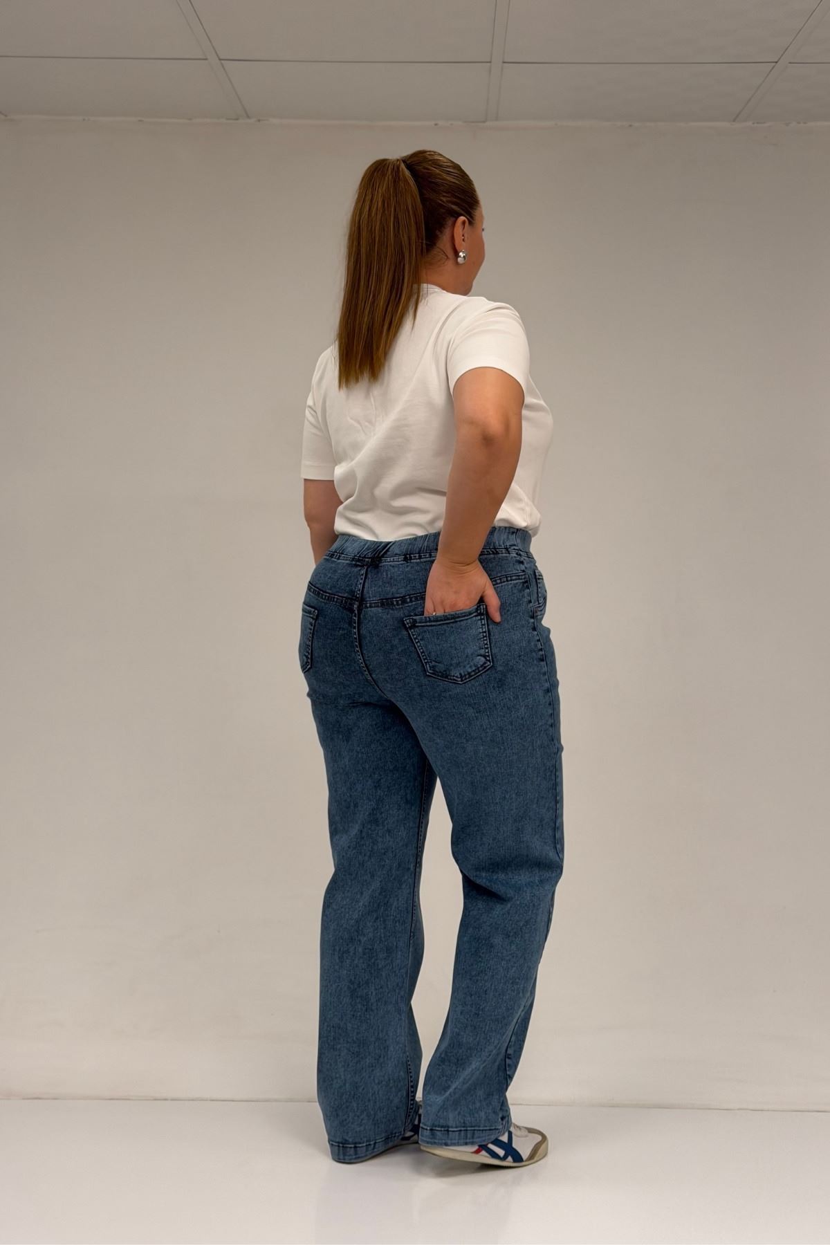 59036 Büyük Beden Beli Lastikli Cep Görünümlü Kot Pantolon - Lacivert