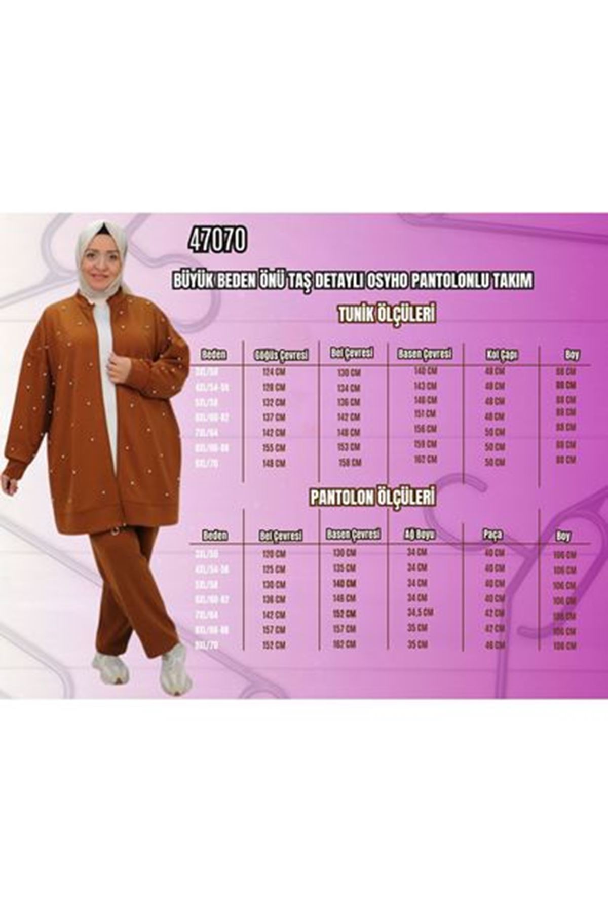 47070 Büyük Beden Önü Taş Detaylı Modal Pantolonlu Takım - Gri