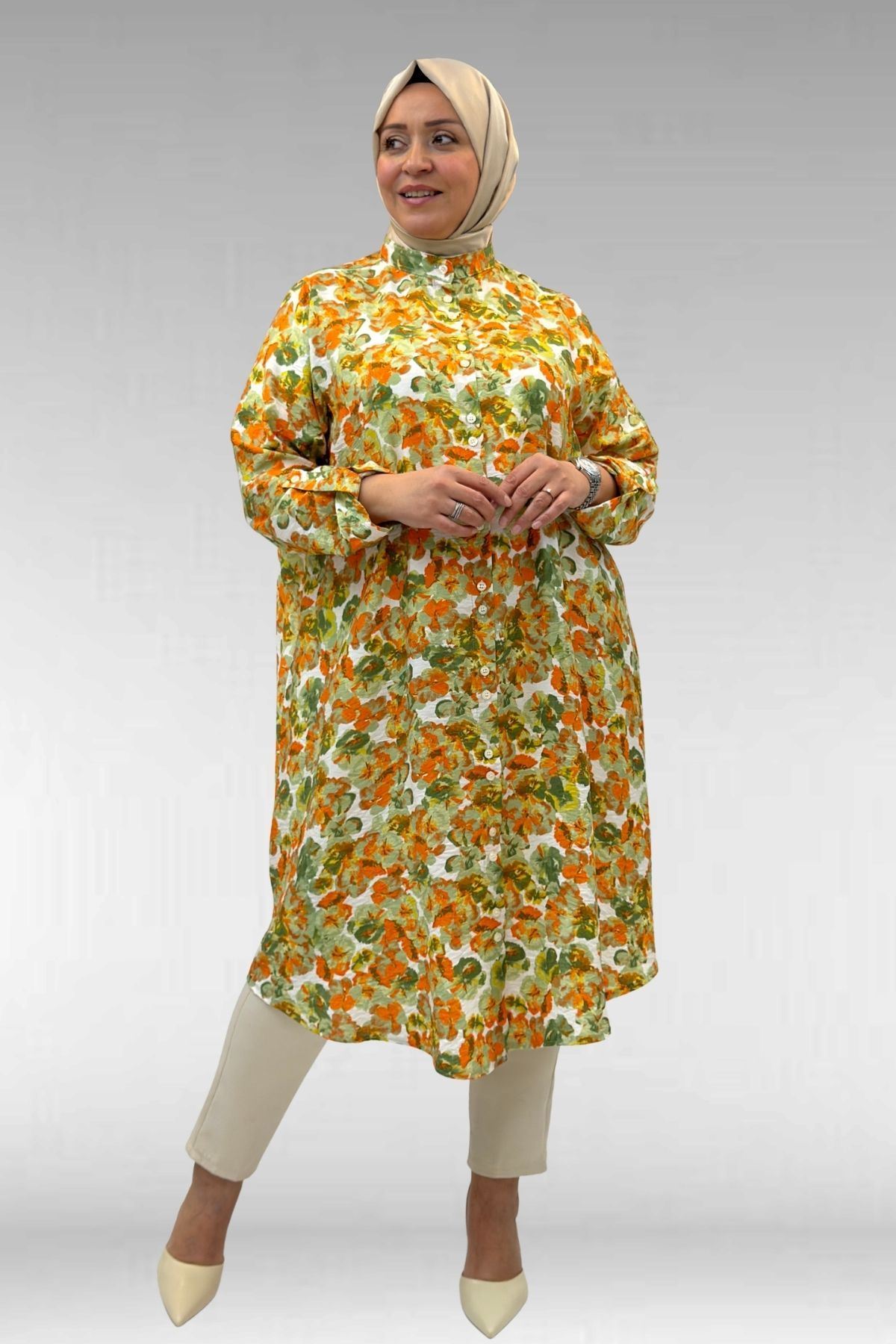 68014 Büyük Beden Hakimyaka Çift Düğmeli Mango Tunik - Çiçek Desen Yeşil