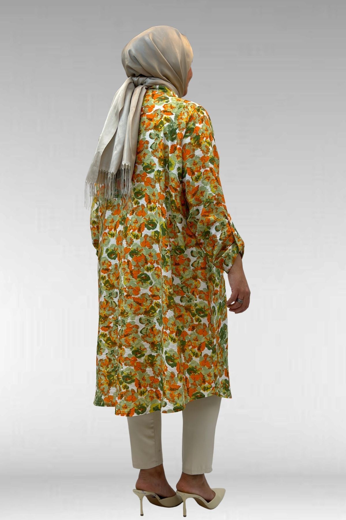 68014 Büyük Beden Hakimyaka Çift Düğmeli Mango Tunik - Çiçek Desen Yeşil