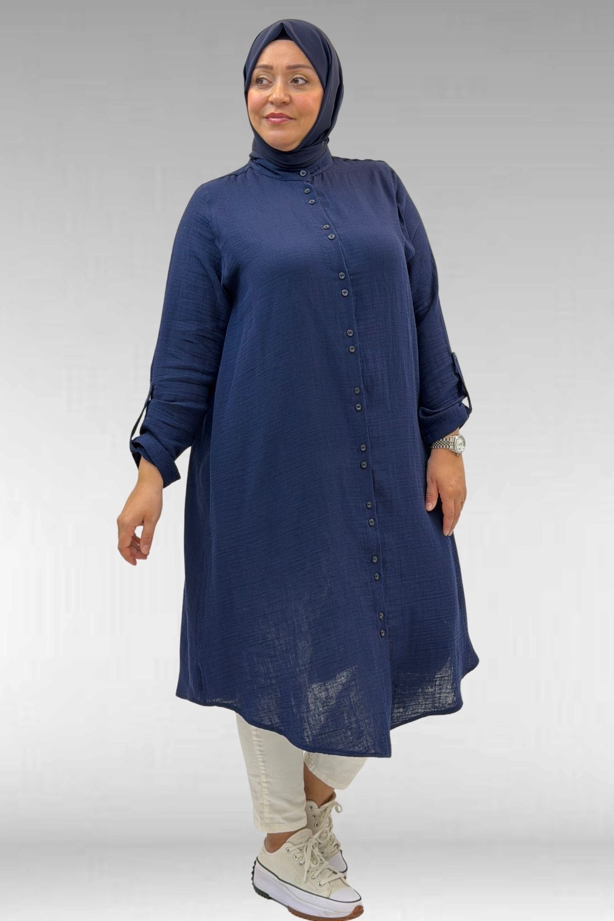 58092 Büyük Beden Çift Düğme Detaylı Müslin Gömlek - Lacivert