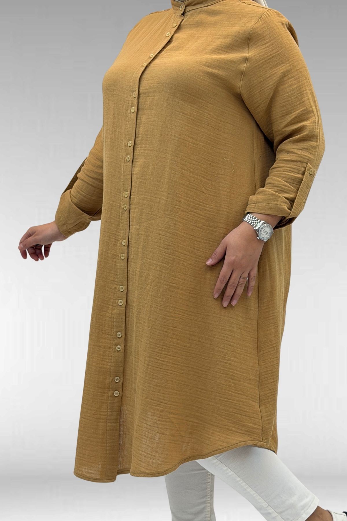 58092 Büyük Beden Çift Düğme Detaylı Müslin Gömlek - Bisküvi