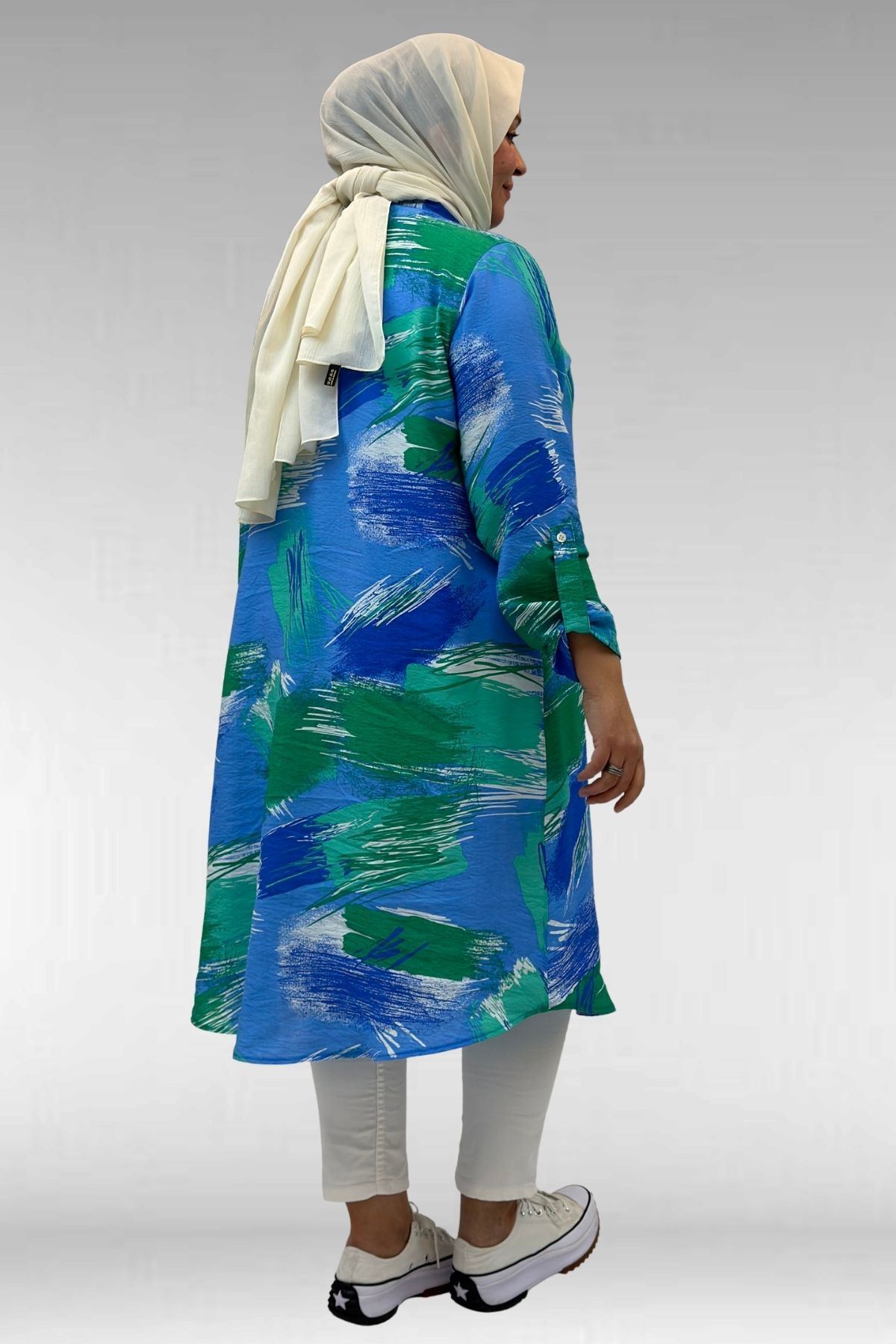 68014 Büyük Beden Hakimyaka Çift Düğmeli Mango Tunik - Desenli Mavi