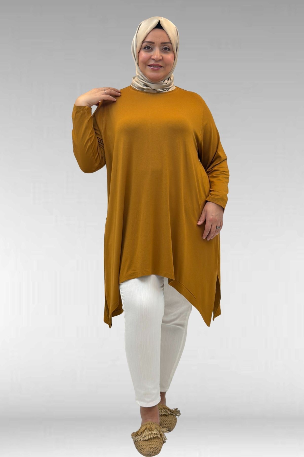 58070 Büyük Beden Asimetrik Kesim Penye Tunik - Tütün
