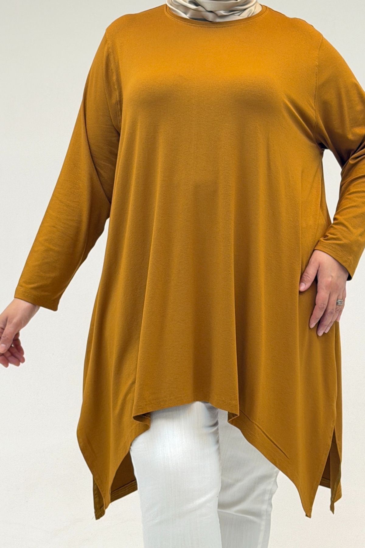 58070 Büyük Beden Asimetrik Kesim Penye Tunik - Tütün